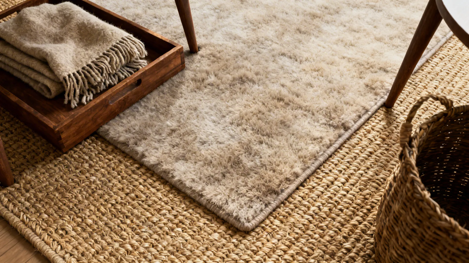 Top-down view of layered sisal and wool rugs with a wooden tray and woven basket