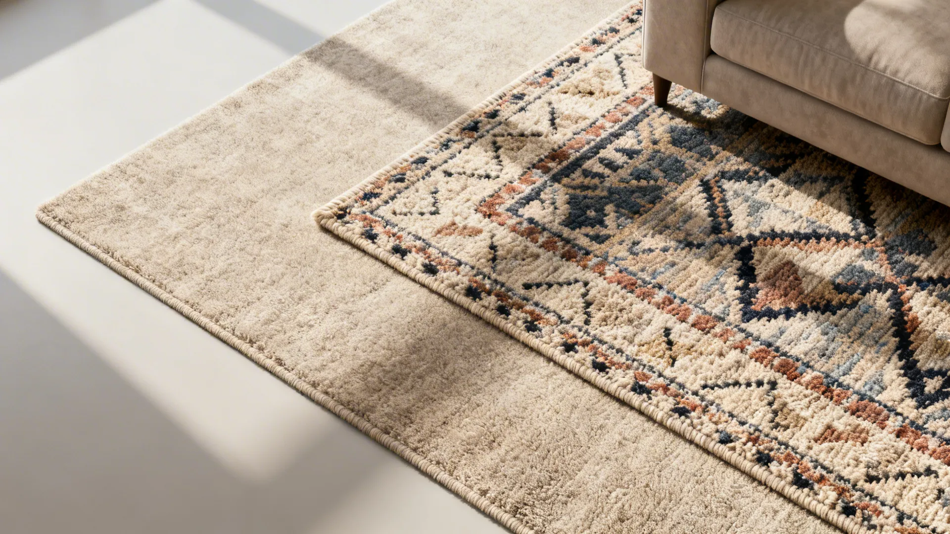 Top-down view of a layered rug setup with a neutral base rug and a smaller patterned rug on top showing textures