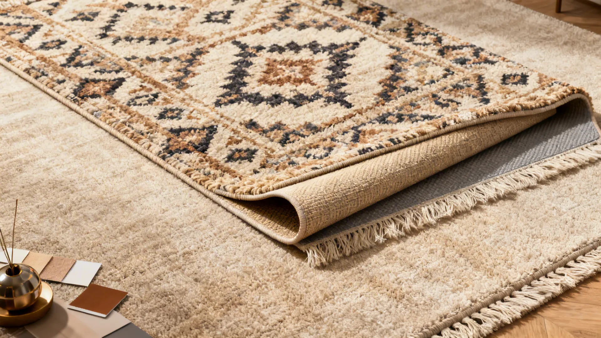 Top-down view of layered rugs showing texture and pattern contrast with a rug pad