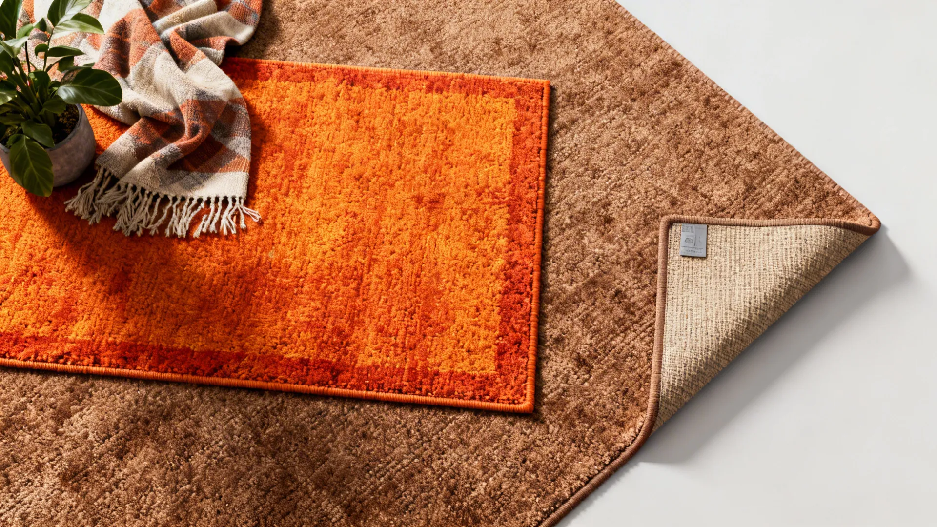 Small orange rug placed over large brown carpet with patterned blanket and green potted plant