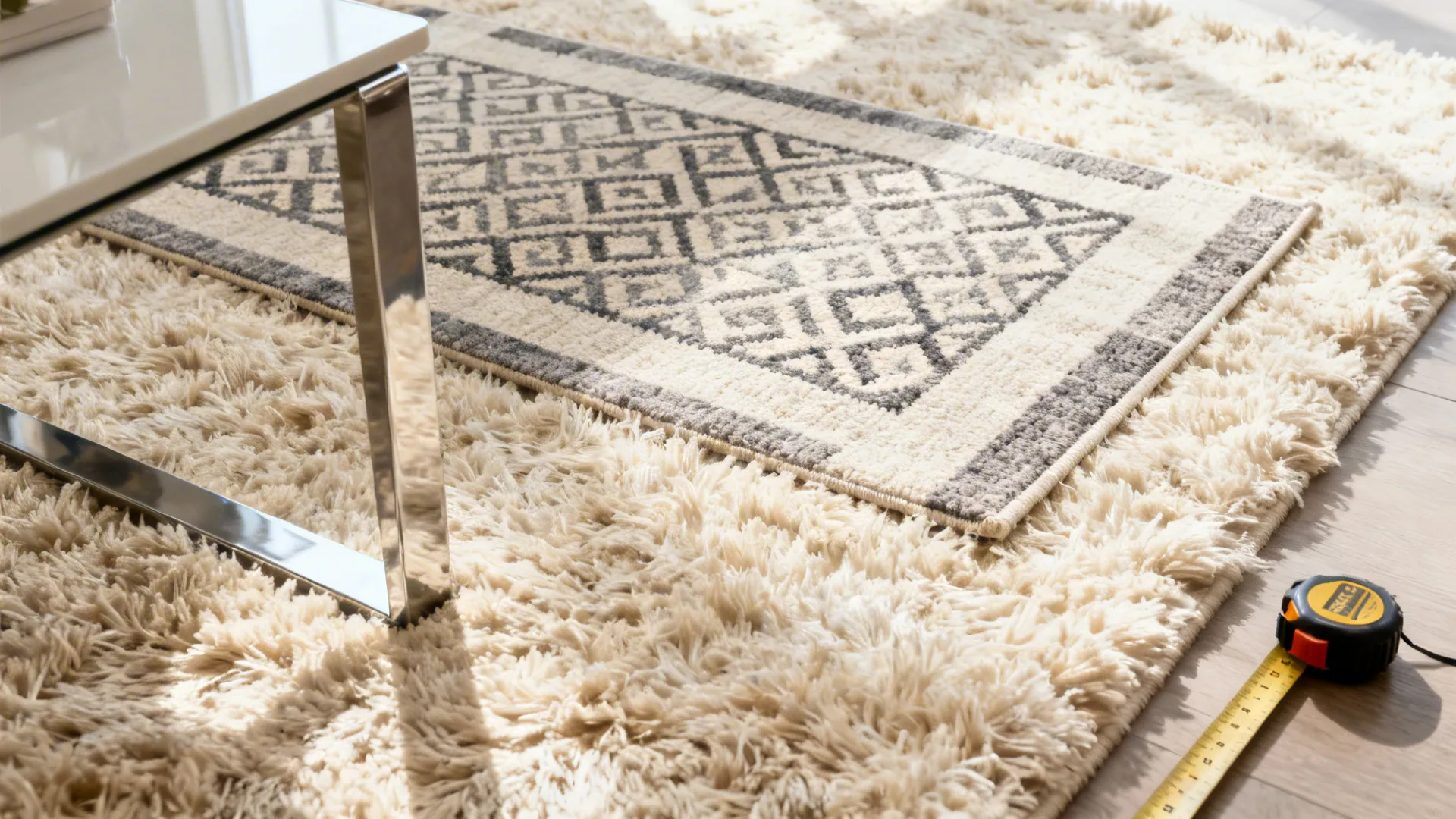 Cream shaggy rug layered with a grey patterned rug next to a yellow measuring tape