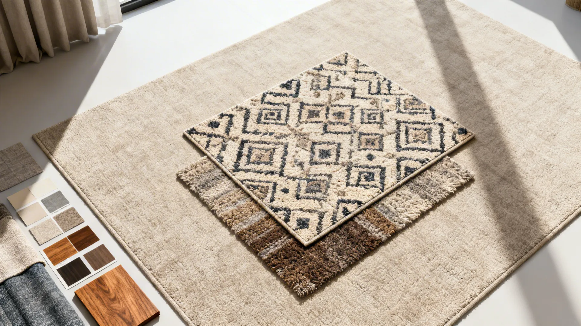 Flatlay showing layered rug samples with geometric patterns alongside wood and fabric color palette swatches