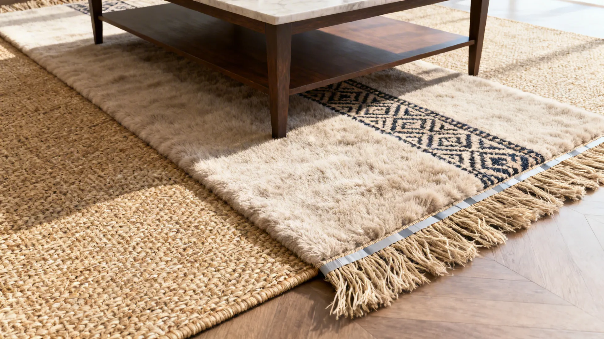 Top-down view of a sisal base rug layered with a plush wool runner, showing texture contrast and secure edges.