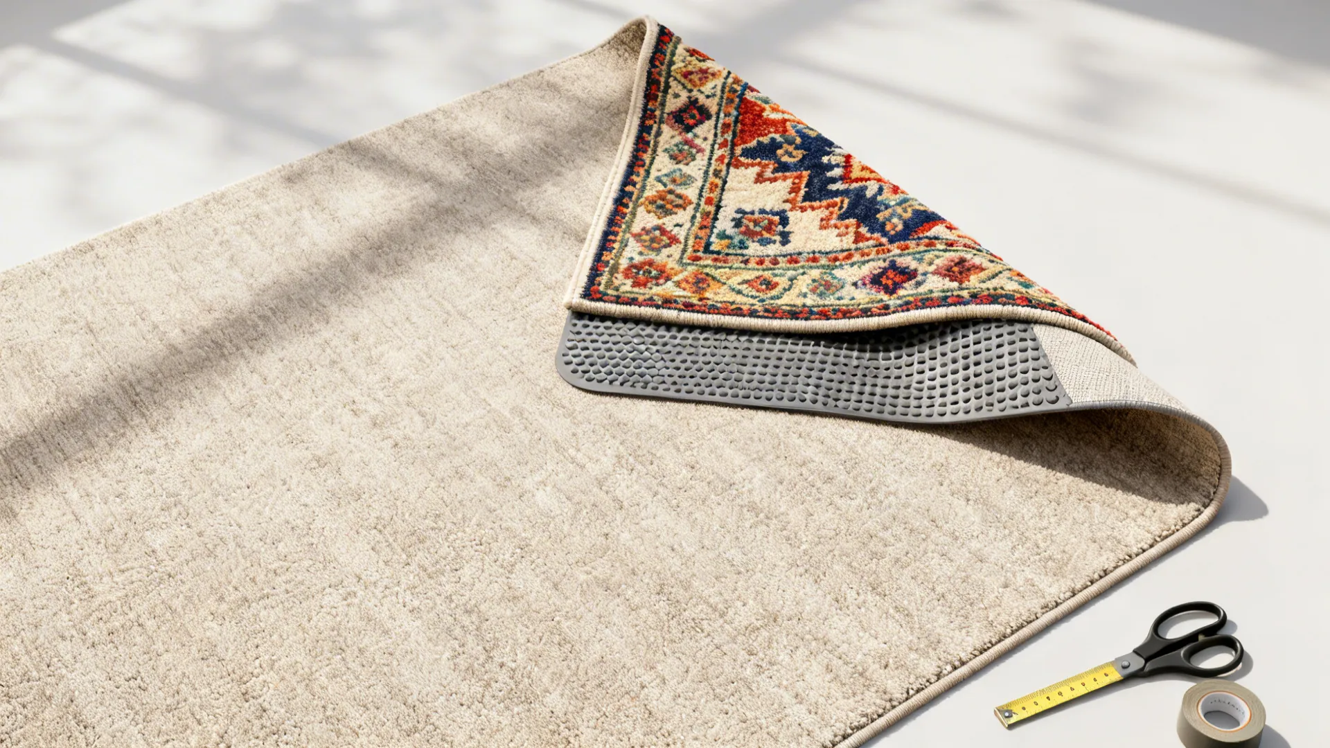 Top-down view of a neutral base rug layered with a small colorful patterned rug and an anti-slip pad.