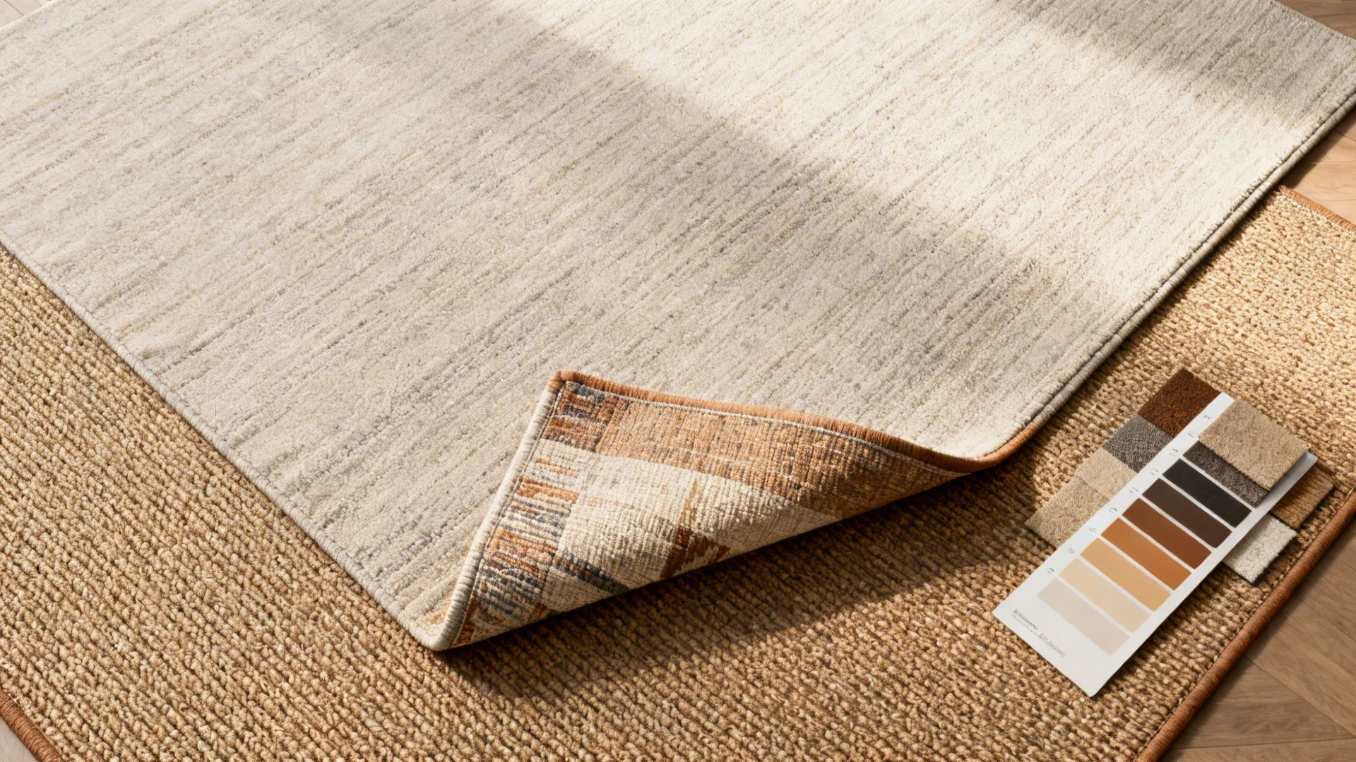 Top-down flatlay of a washable flatweave layered over a sturdier base rug with swatches.