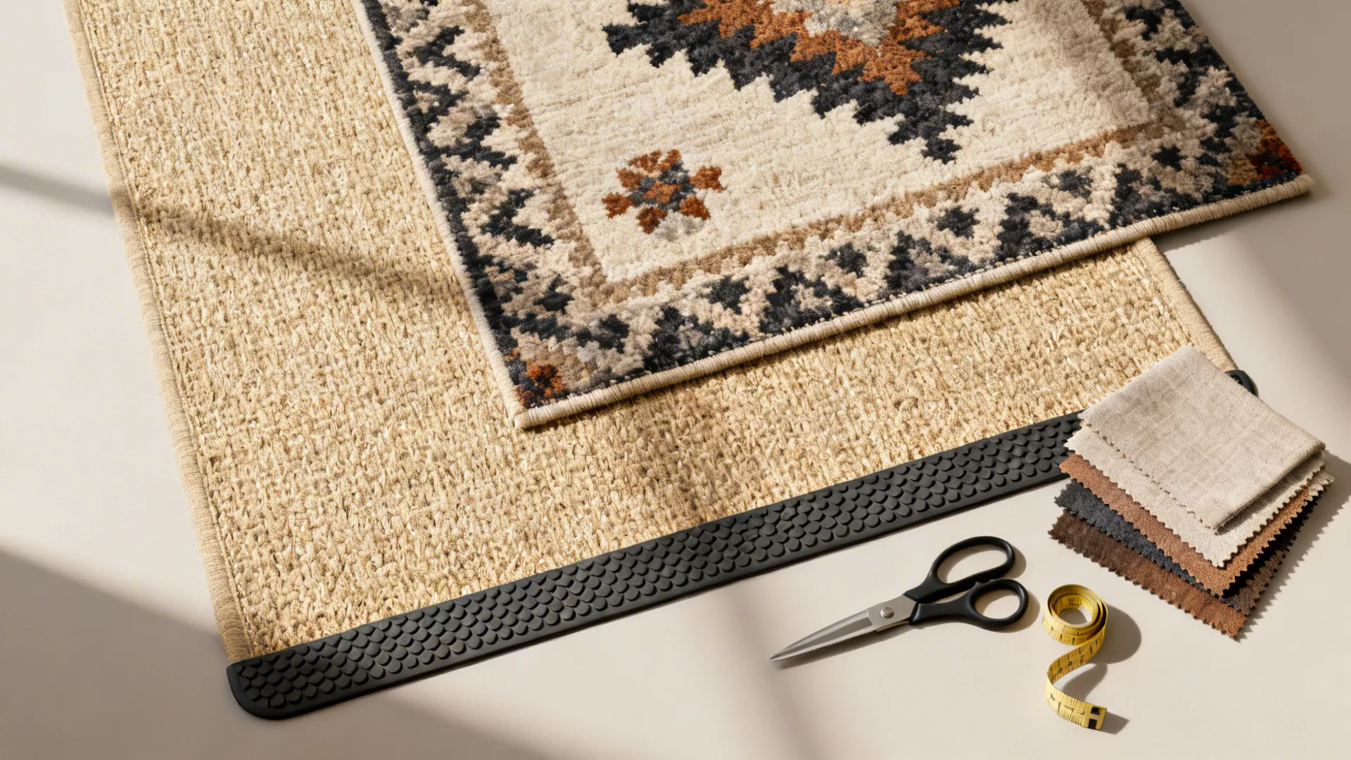 Top-down view of layered sisal and patterned rug with swatches and tools