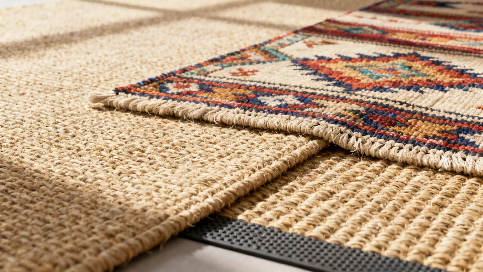 Layered jute rug with a smaller colorful kilim on top showing texture contrast