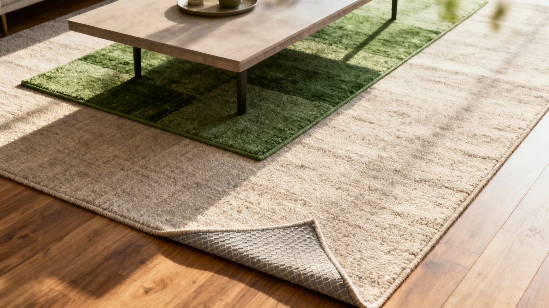 Top-down view of layered rugs: neutral base with small green-accent rug under a coffee table.