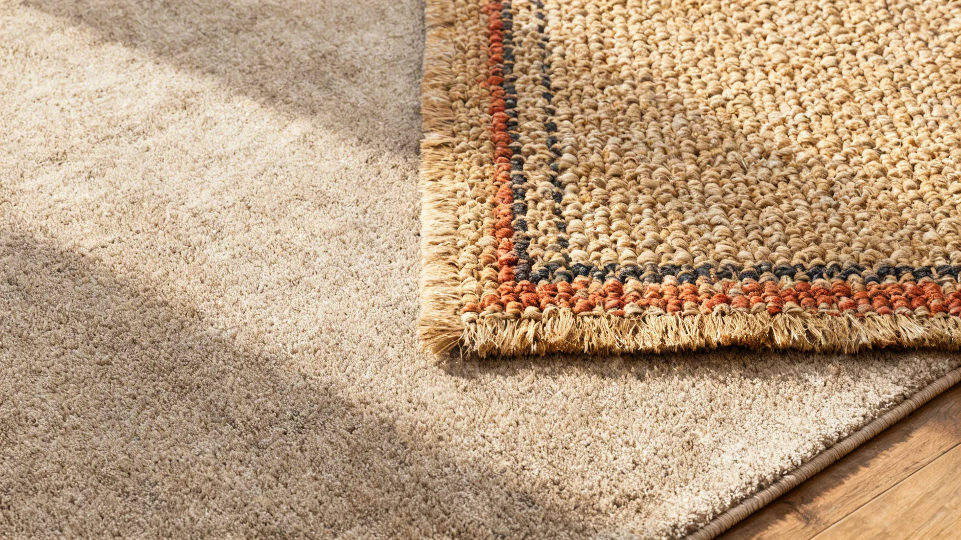 Layered rugs with a neutral base and a smaller textured rug on top showing fiber detail and contrast.
