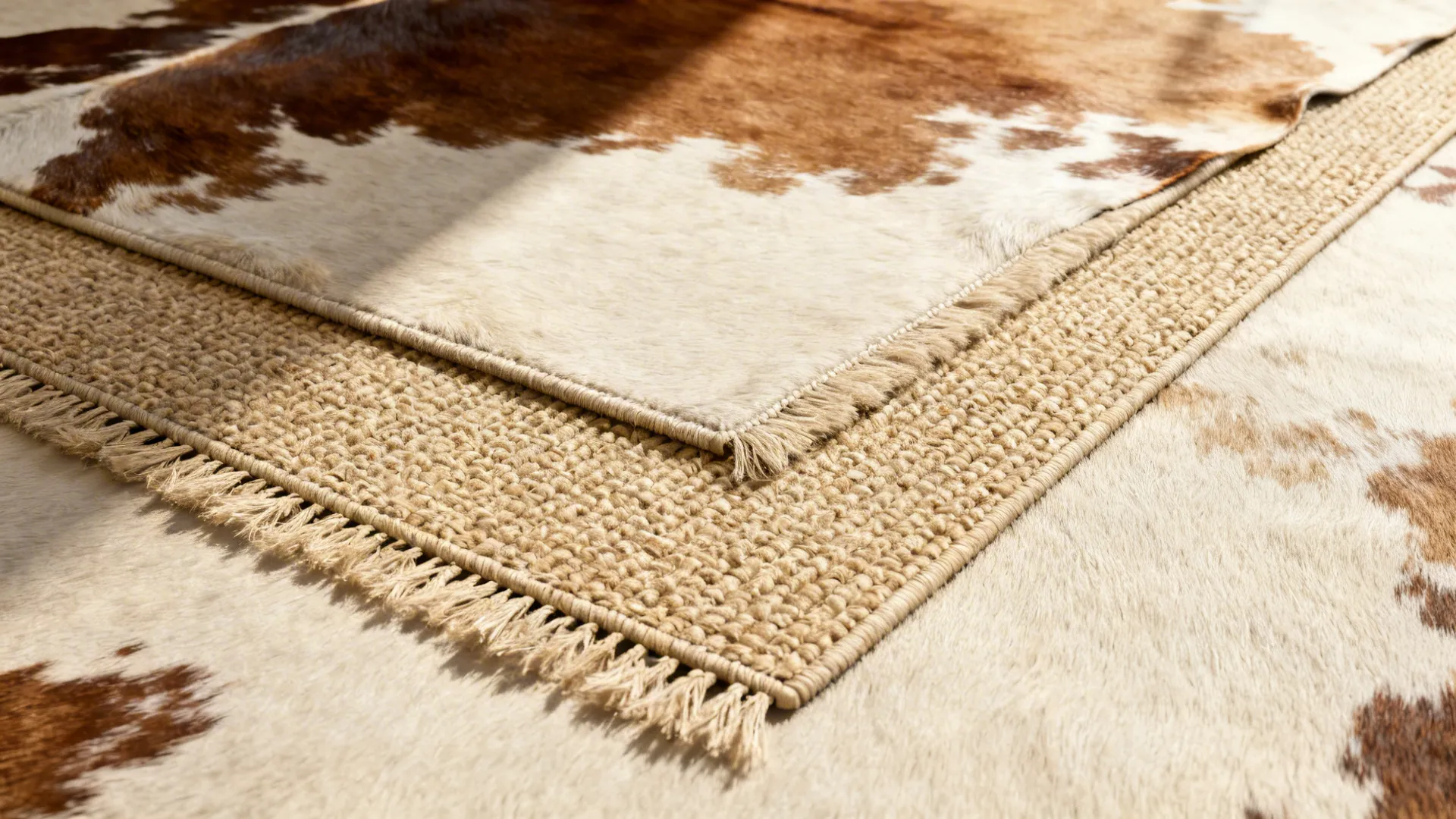 Top-down view of a bi-tone cowhide layered over a neutral jute rug showing texture and contrast.