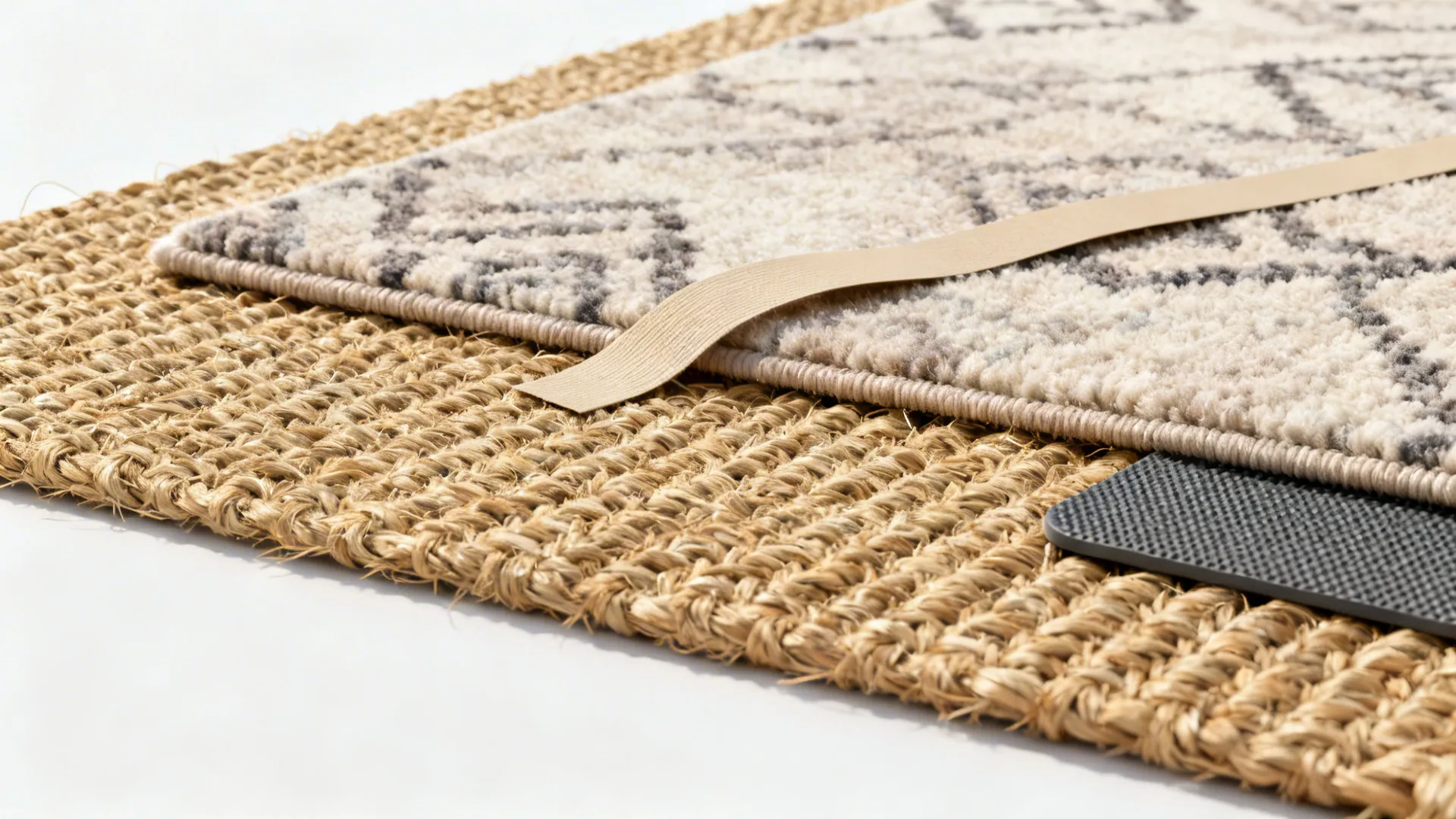 Flatlay showing jute underlay, patterned wool rug swatch, rug tape and non-slip pad.
