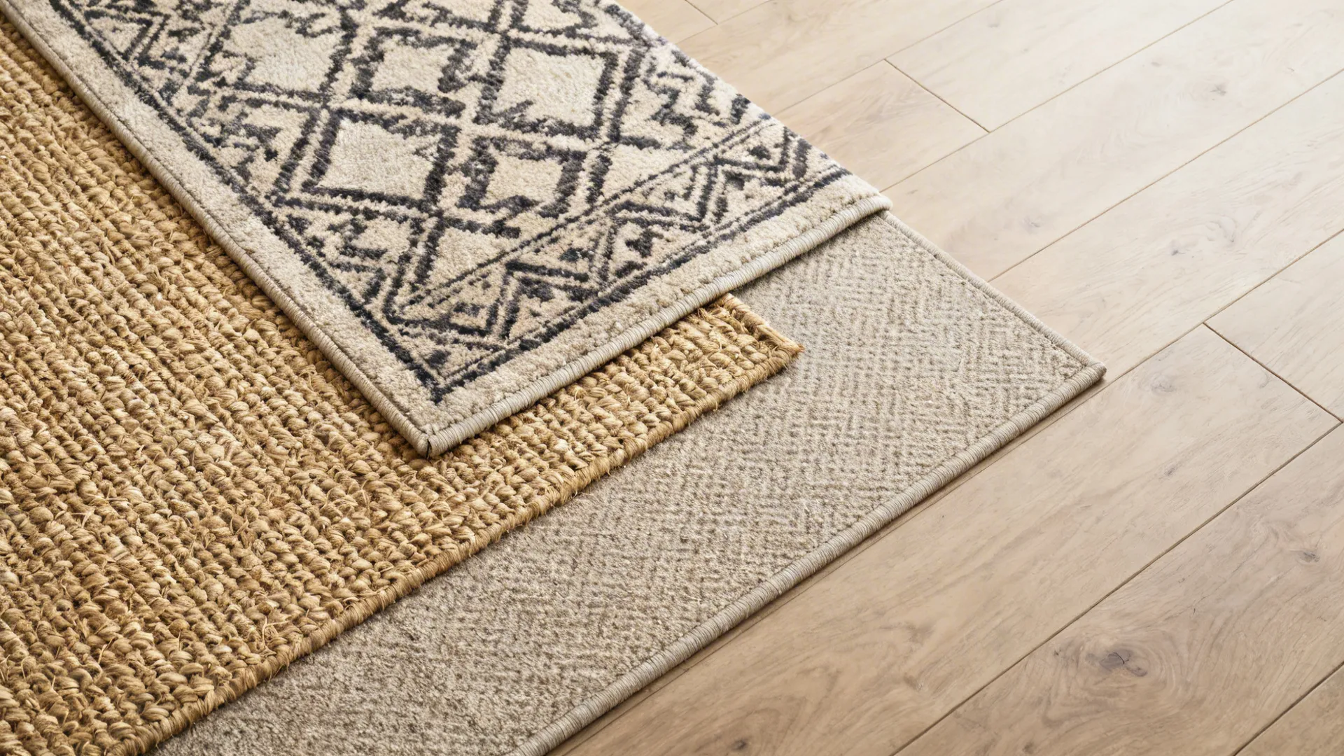 Top-down of layered sisal and wool rugs on light hardwood floor