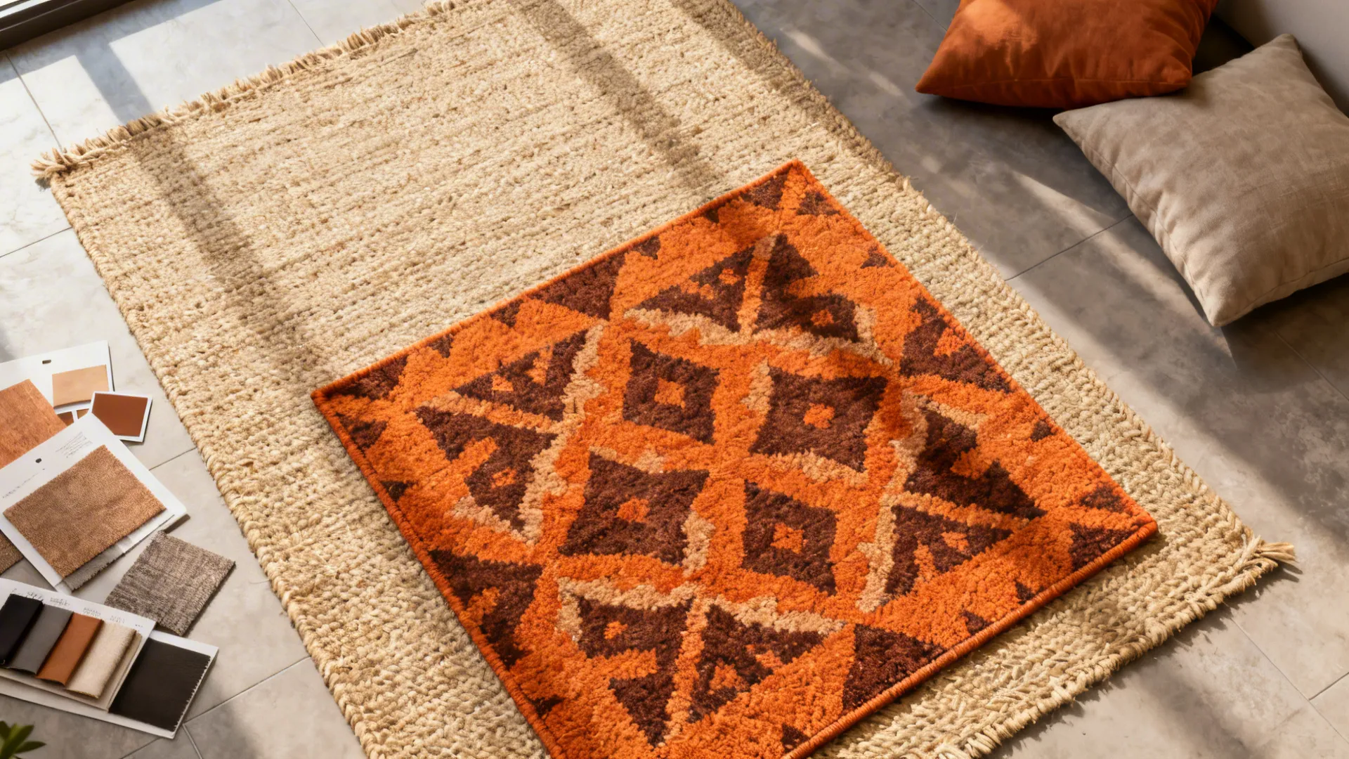 Top-down view of layered jute rug with smaller orange-and-brown patterned rug and fabric swatches