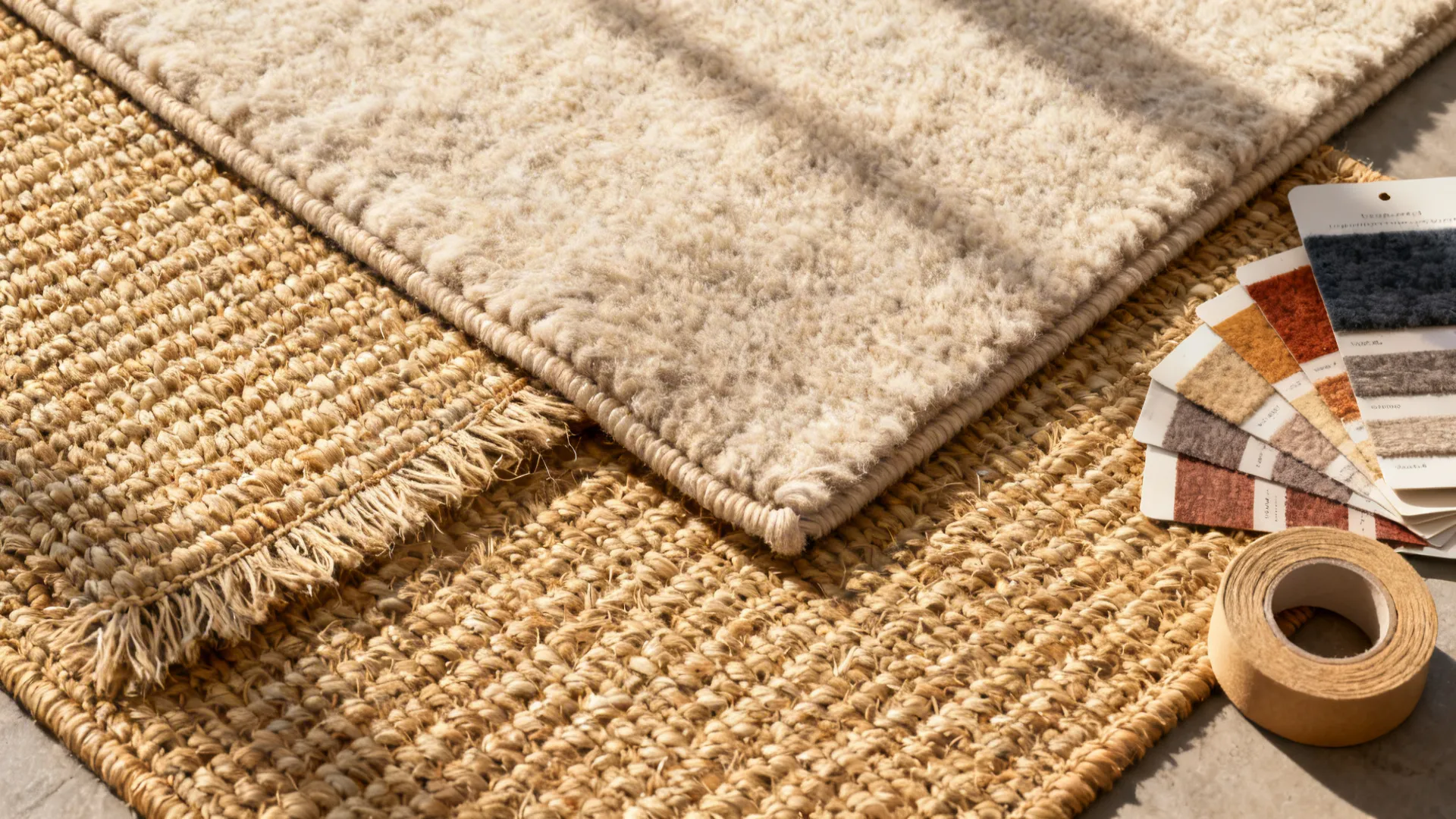 Flatlay of a sisal rug layered with a wool rug and material samples.