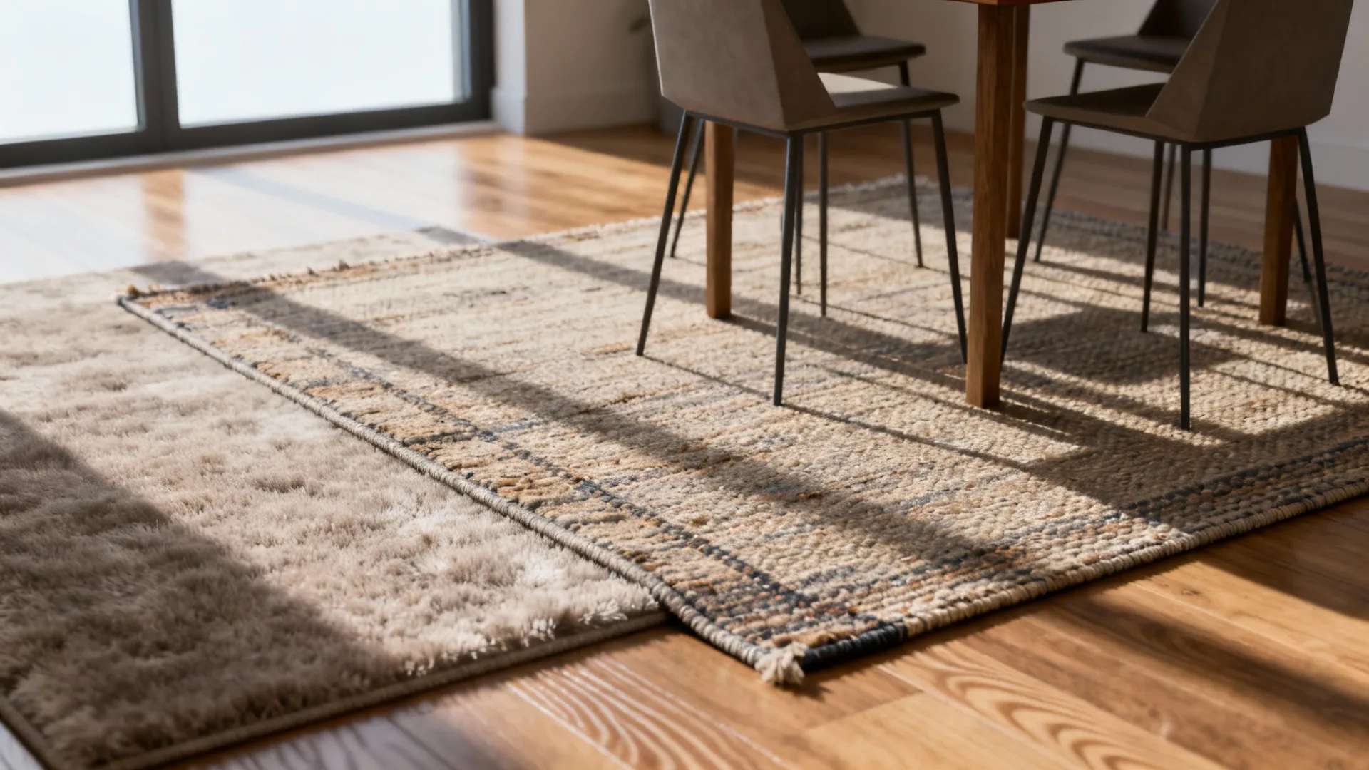 Layered flatweave and plush rugs defining dining and living zones in a studio apartment.