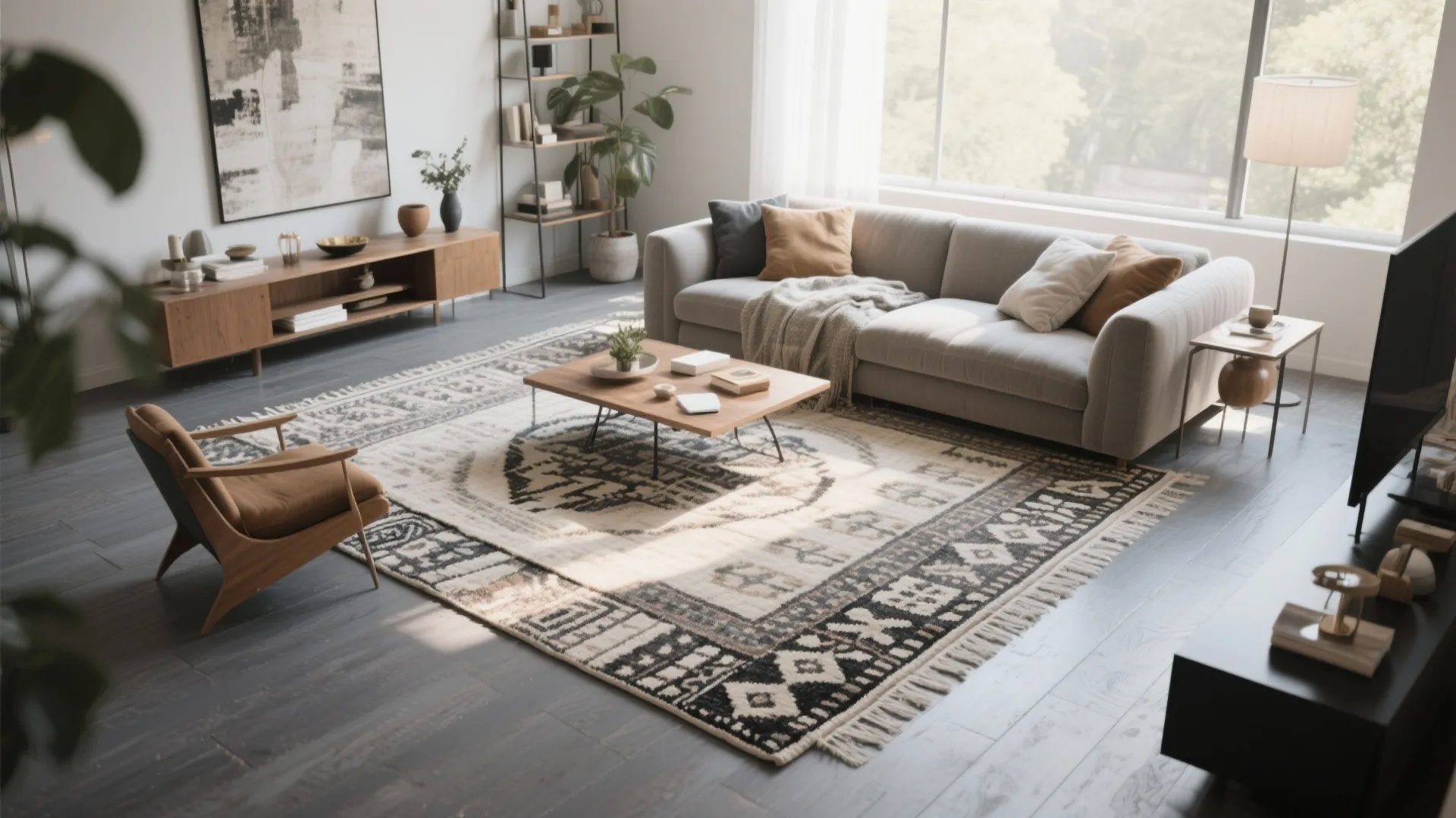 Modern living room with grey sofa wooden coffee table large patterned rug and bright light