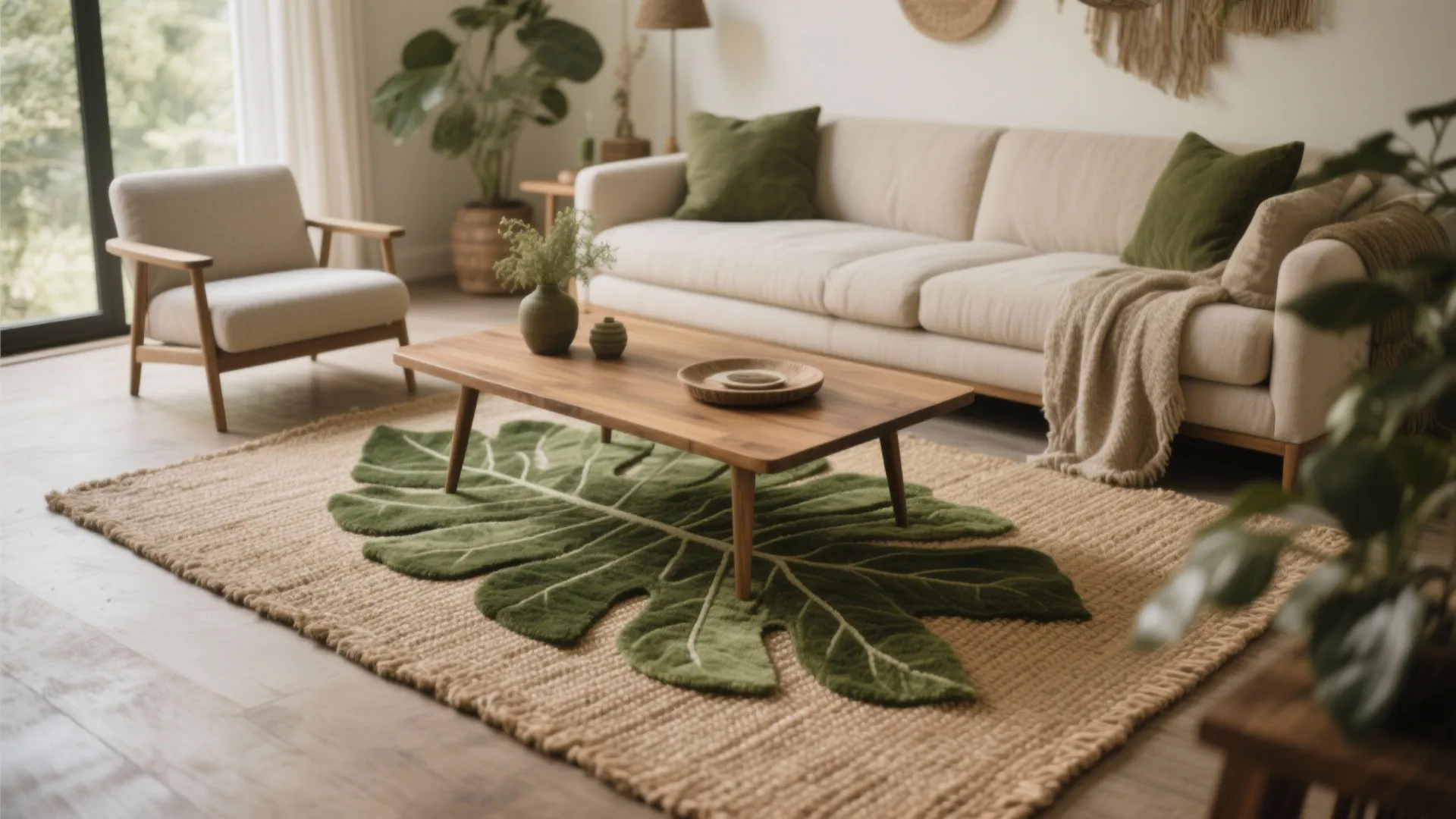 Living room with white sofa and leaf shaped green rug layered over a natural carpet
