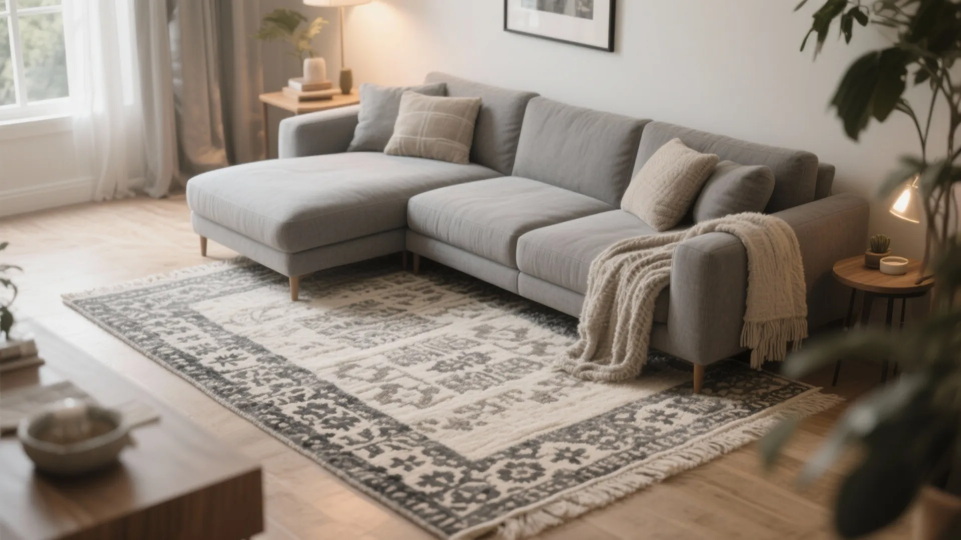 Layered rugs under a grey sofa in a cozy living room