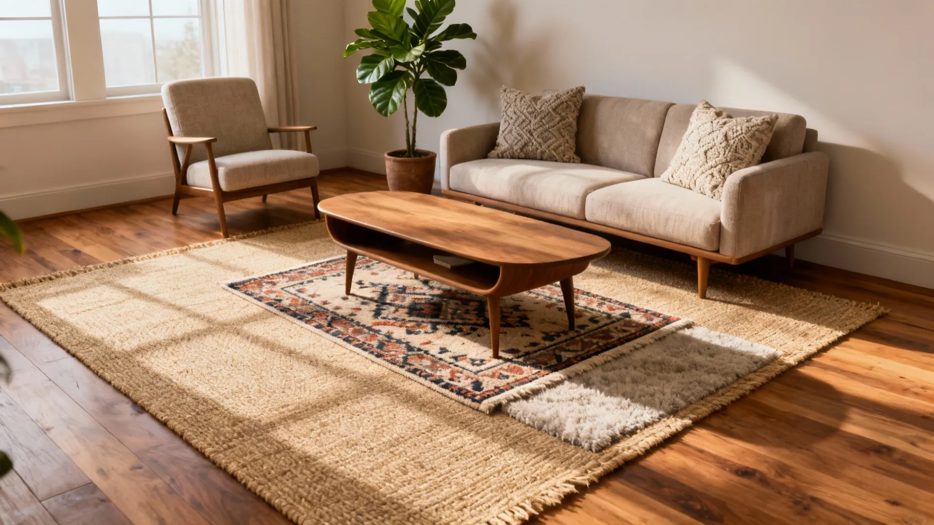 Living room with layered rugs under wooden coffee table with a sofa and green plant
