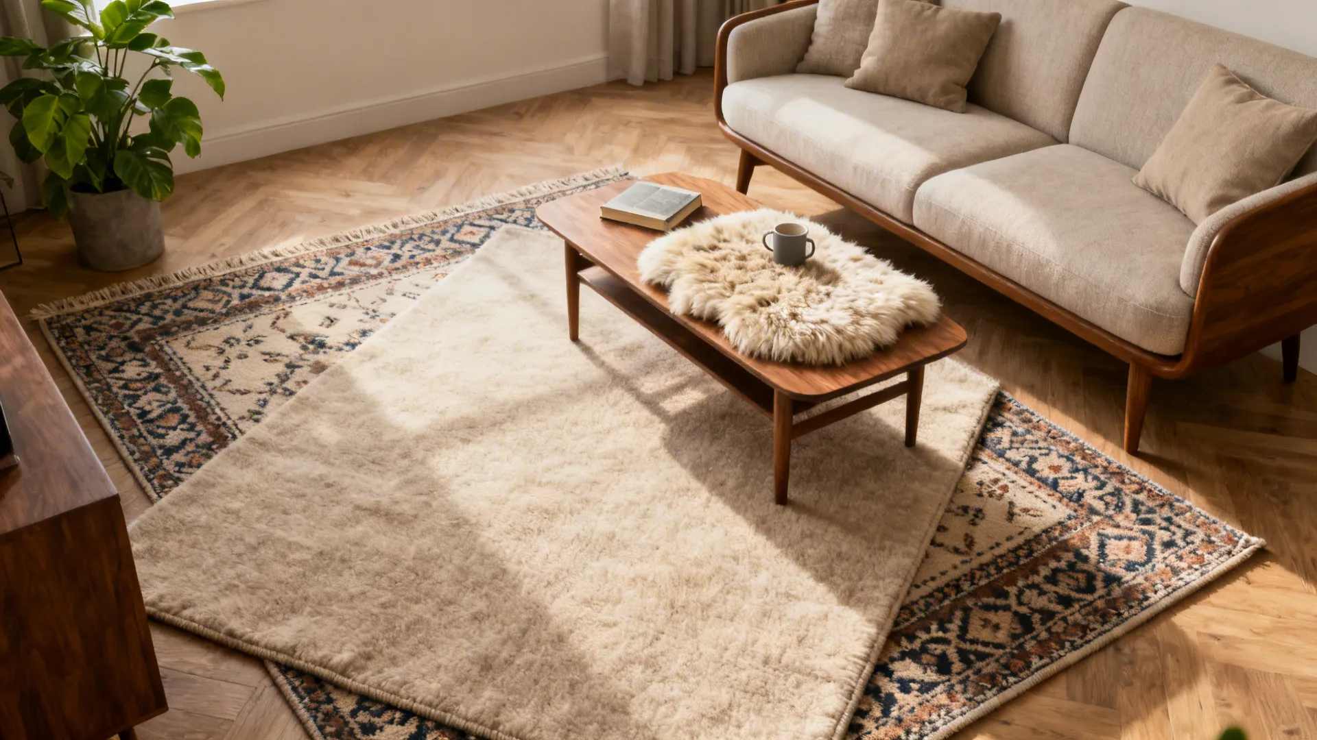 Warm living room with layered rugs under a wooden coffee table beside a beige sofa