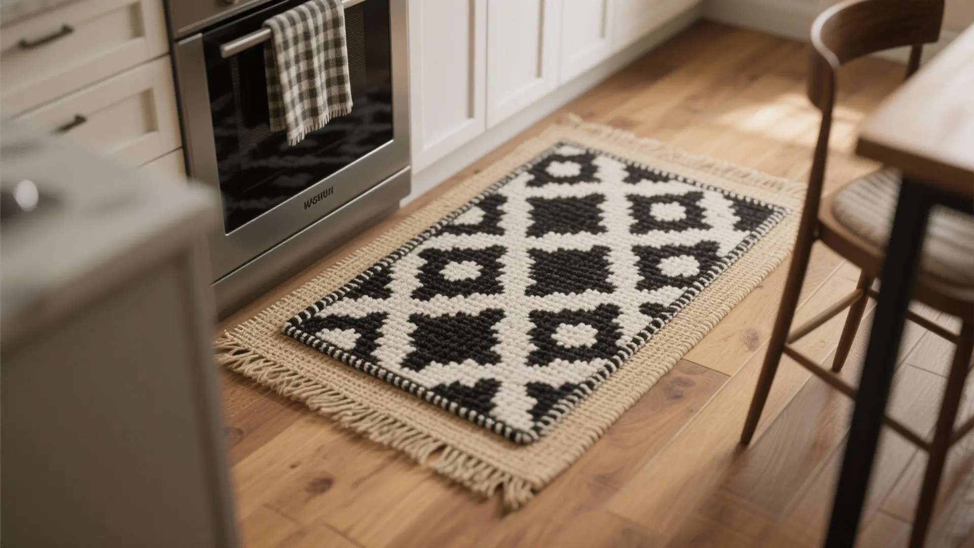 3. Layer a patterned rug over a neutral base