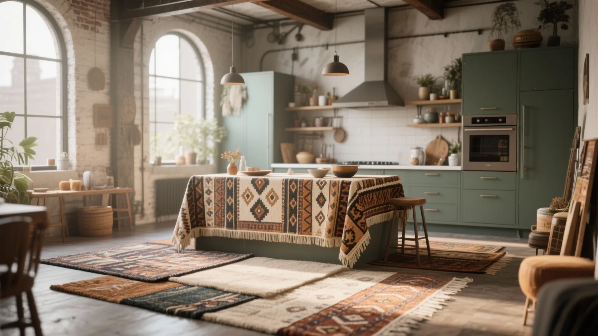 Industrial kitchen with green cabinets and several patterned rugs layered on dark wood floor area
