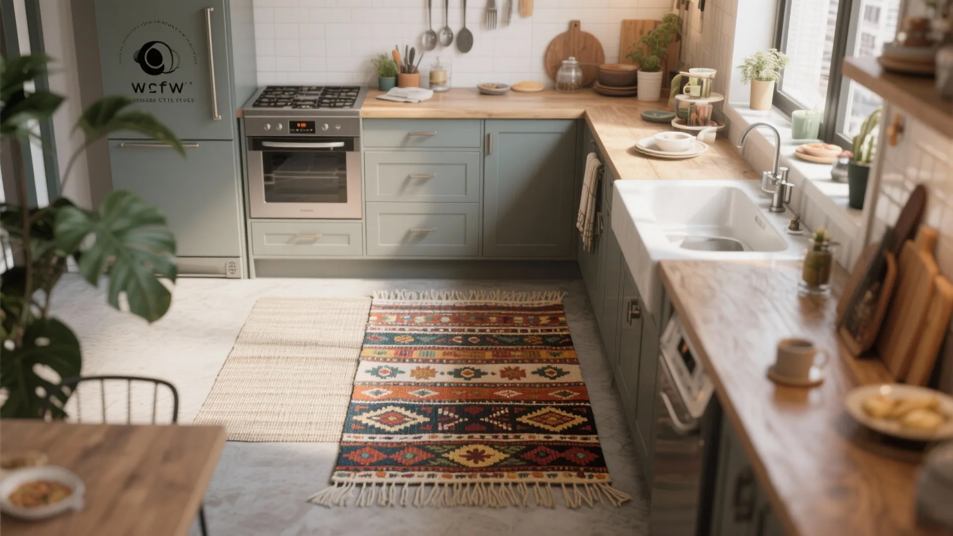 Compact kitchen with layered rugs for personality and depth