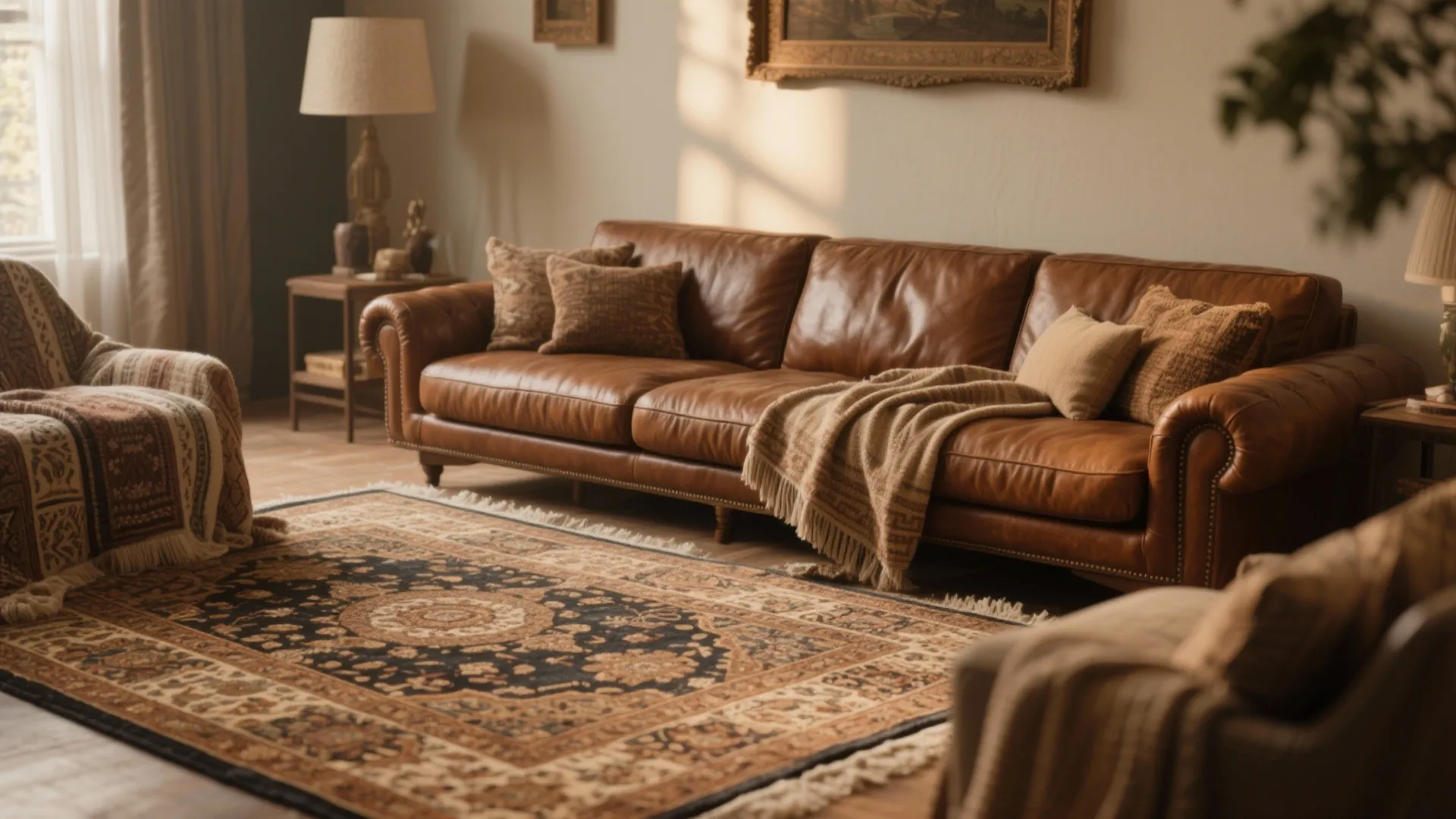 Brown leather sofa over layered Persian rug in cozy living room