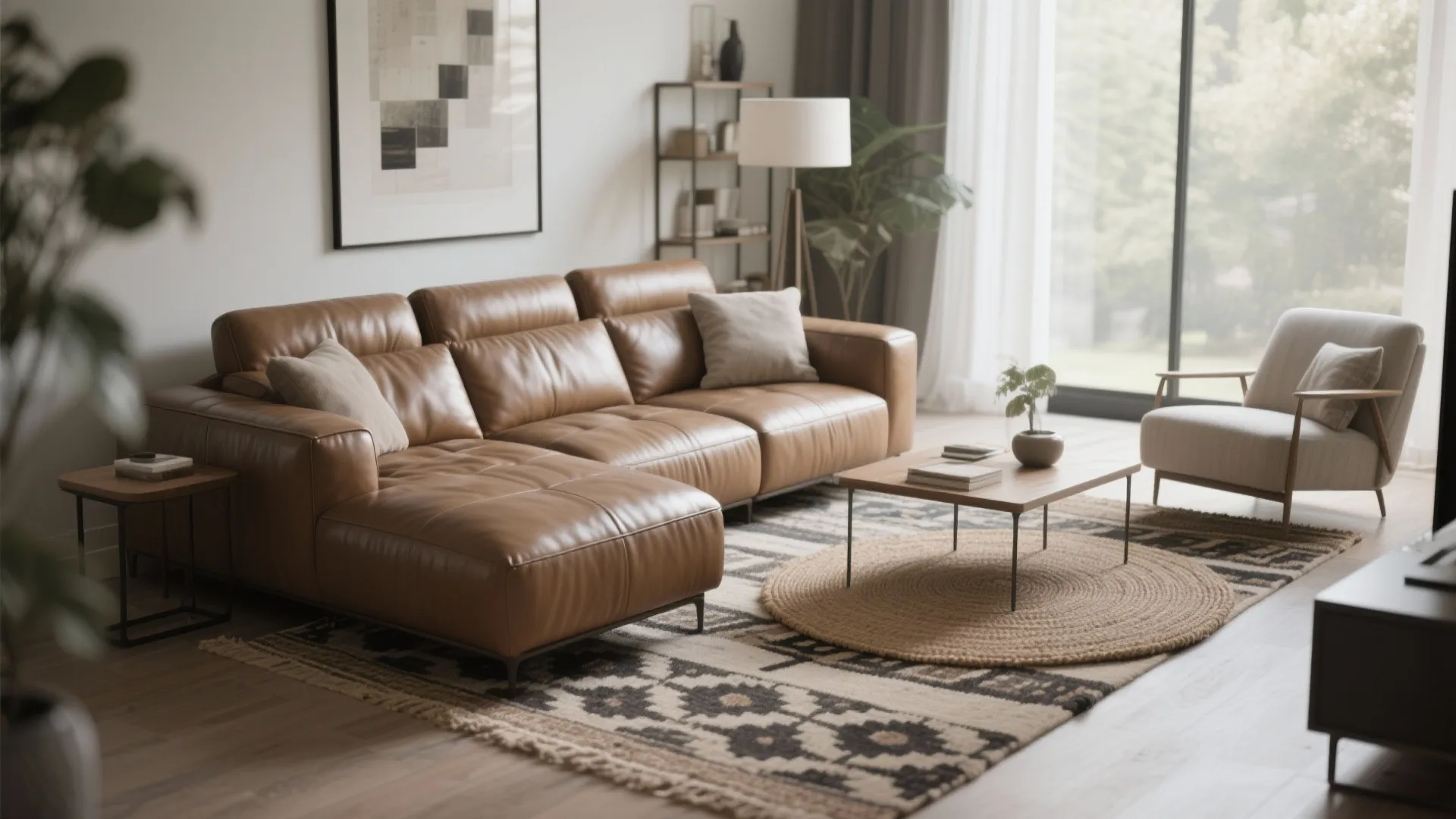 10. Layered Rugs Under Leather Pieces