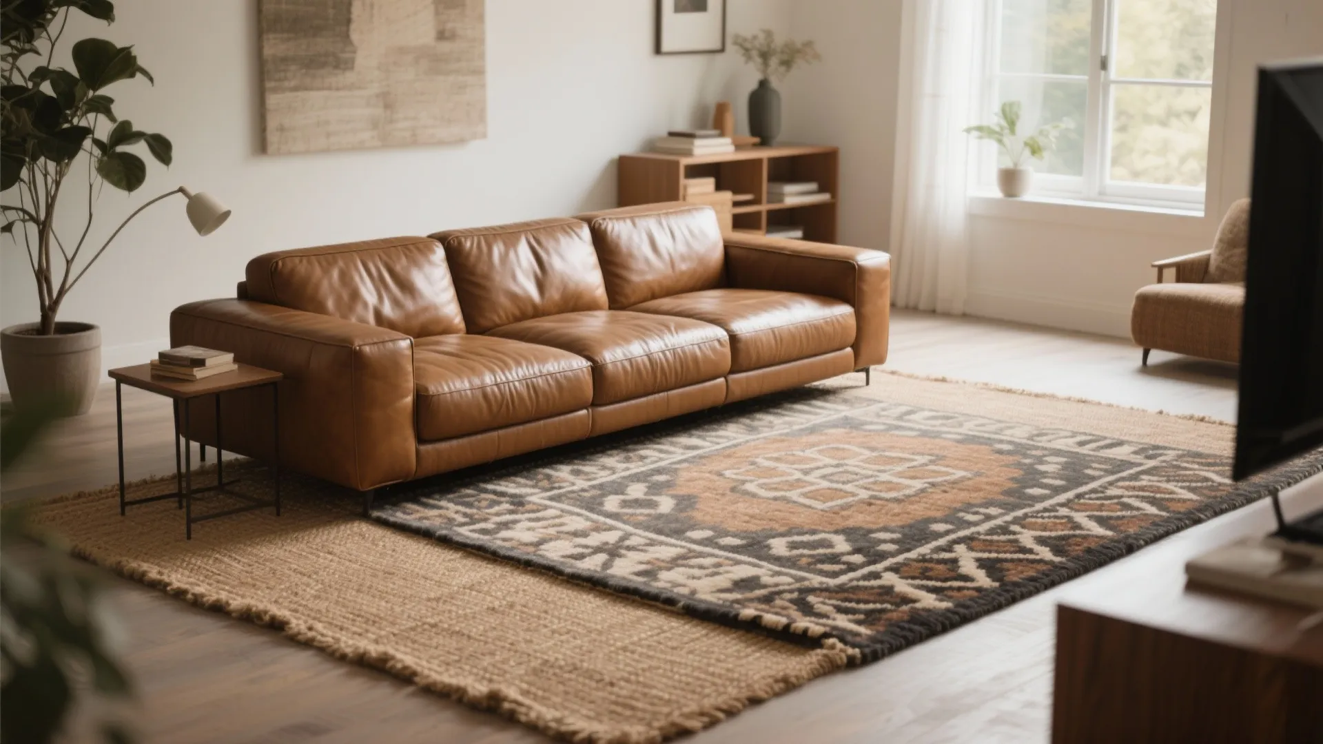 6. Layered Rugs under Leather Seating