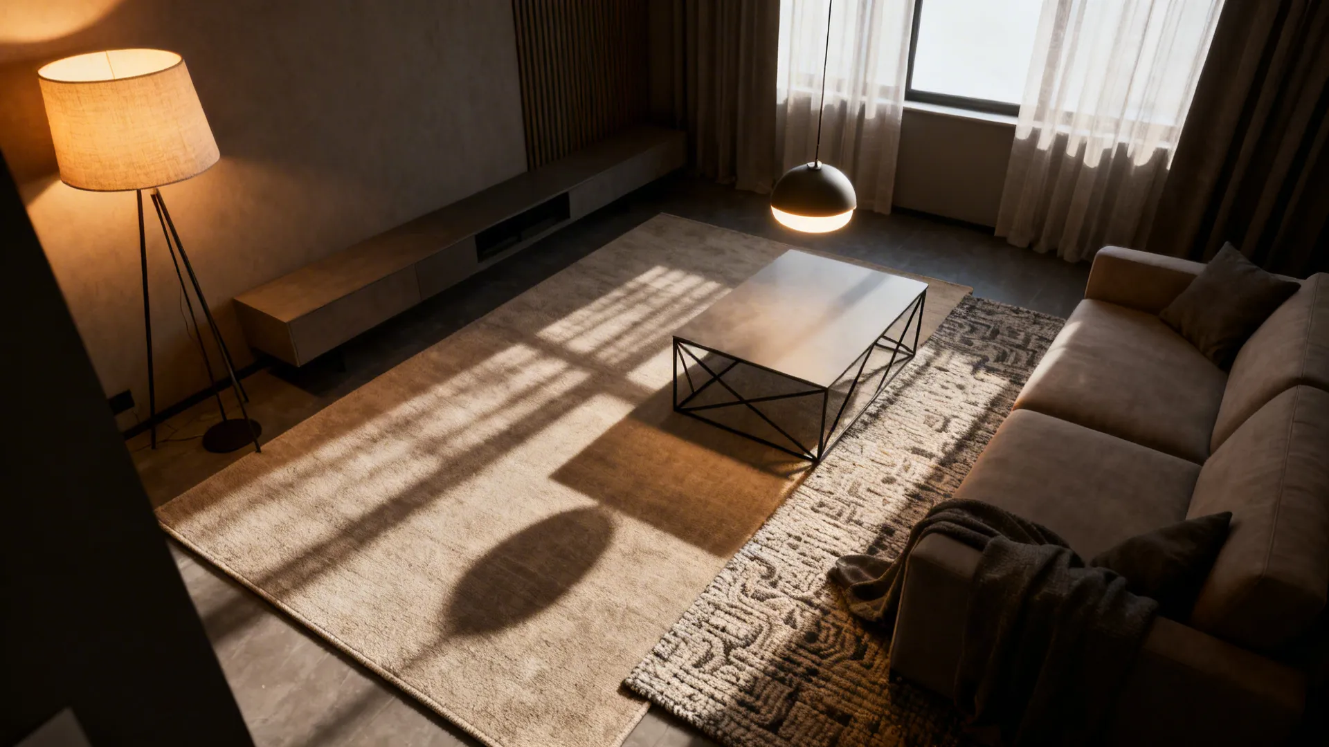 Layered rugs and mixed lighting in a small living room creating depth and warmth.