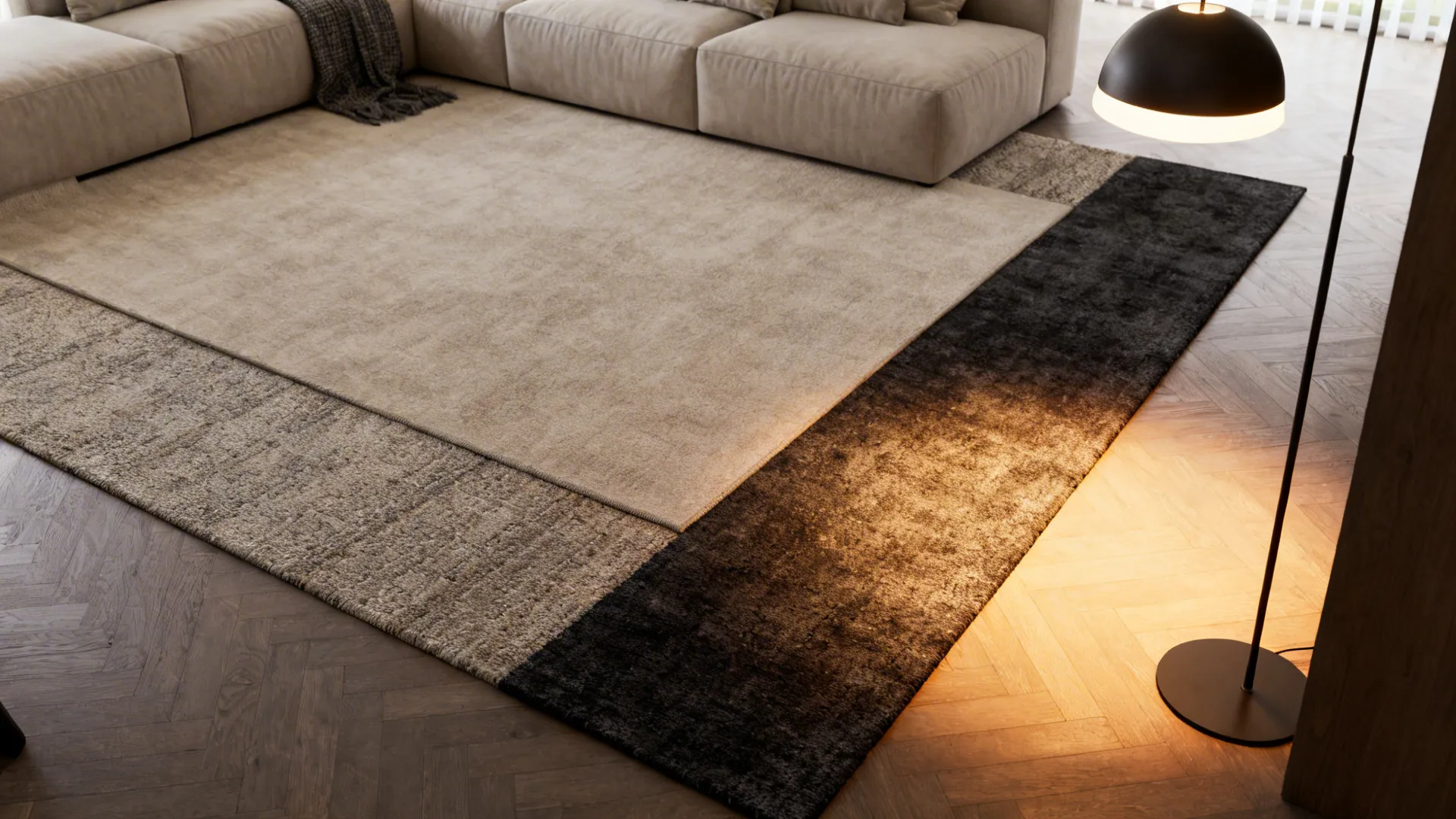 Layered rugs and mixed lighting defining separate zones in an L-shaped living room