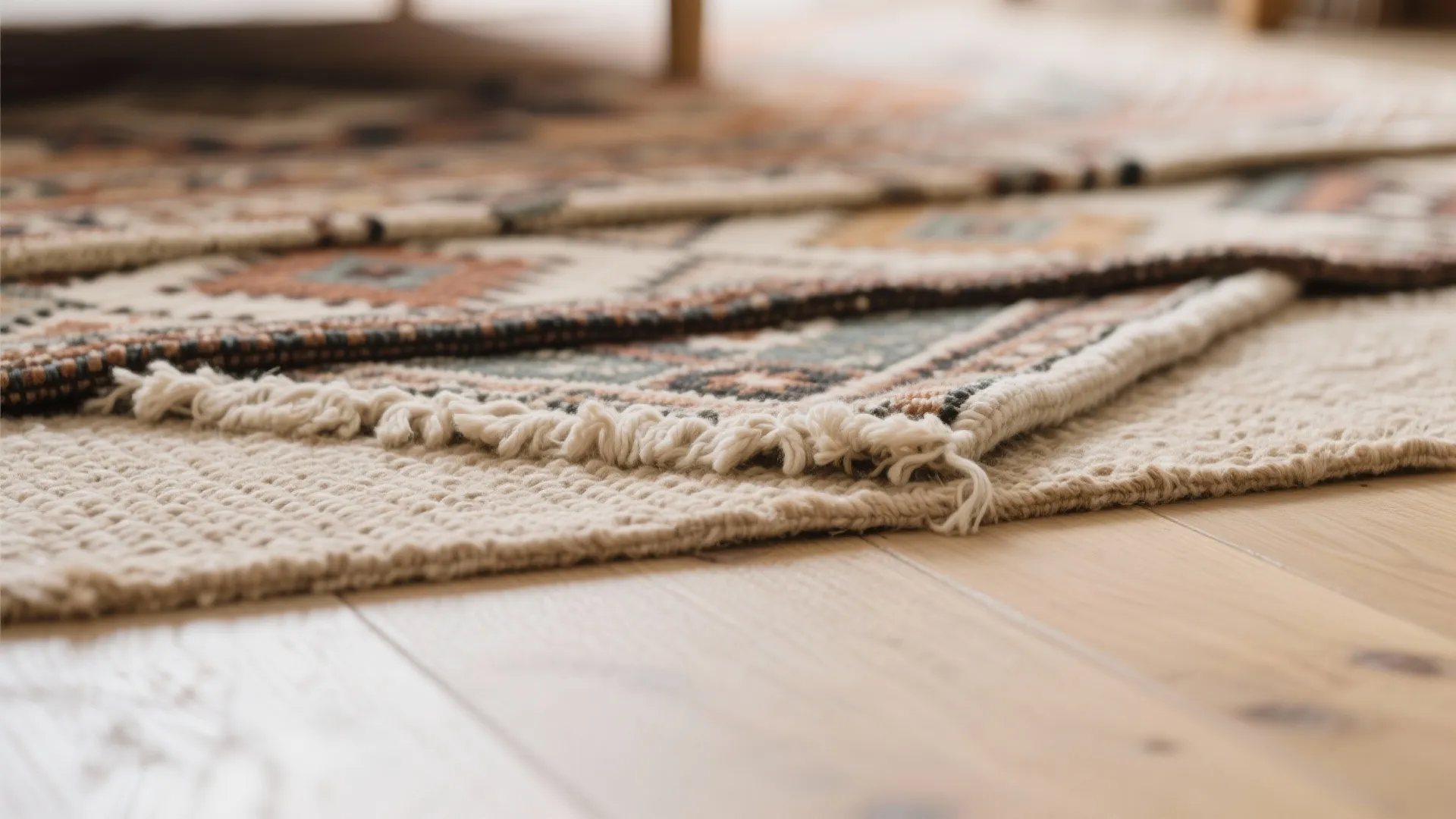 3. Layered Rugs Over Light Wood