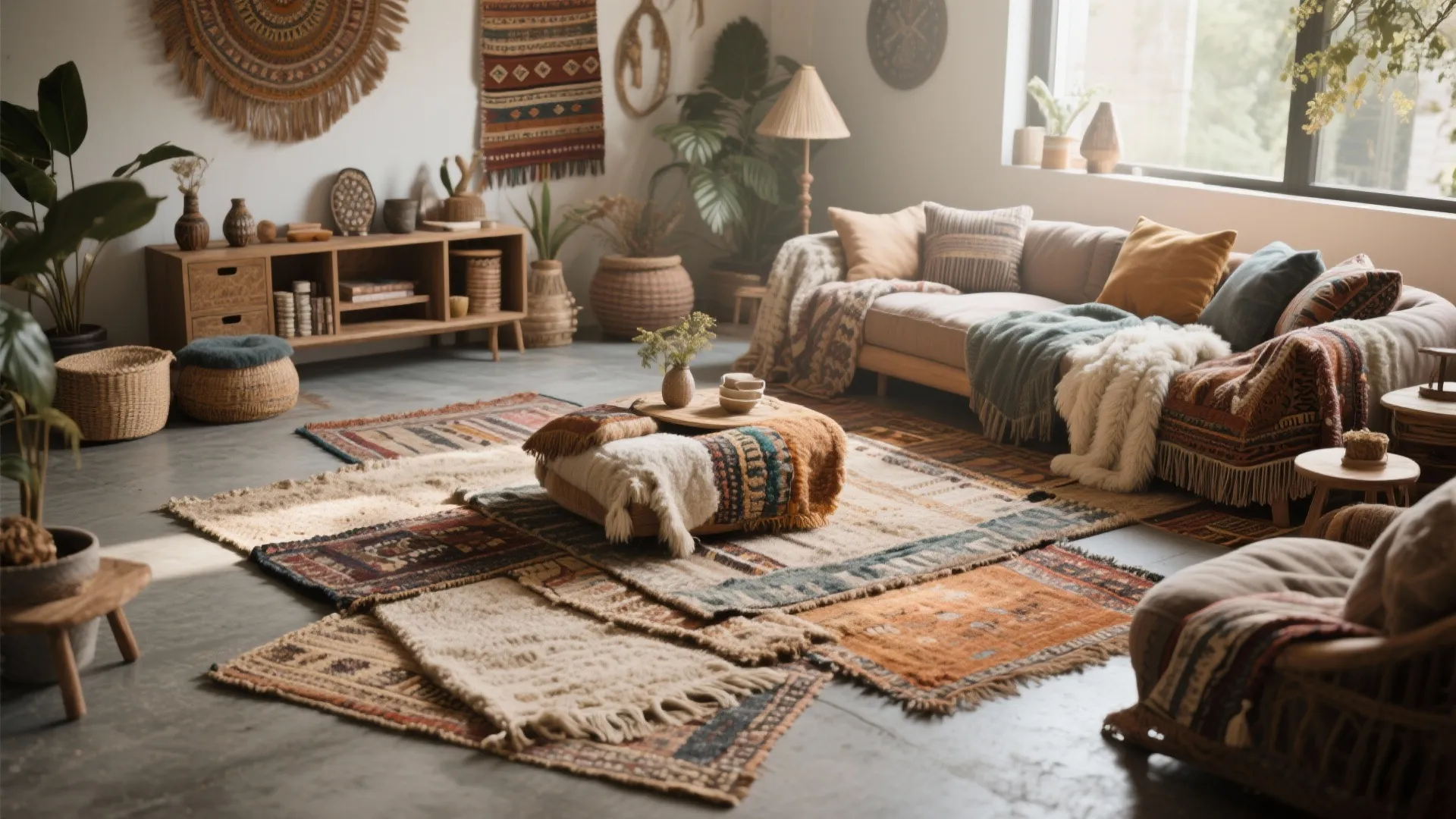 Bohemian living room with layered rugs over concrete flooring