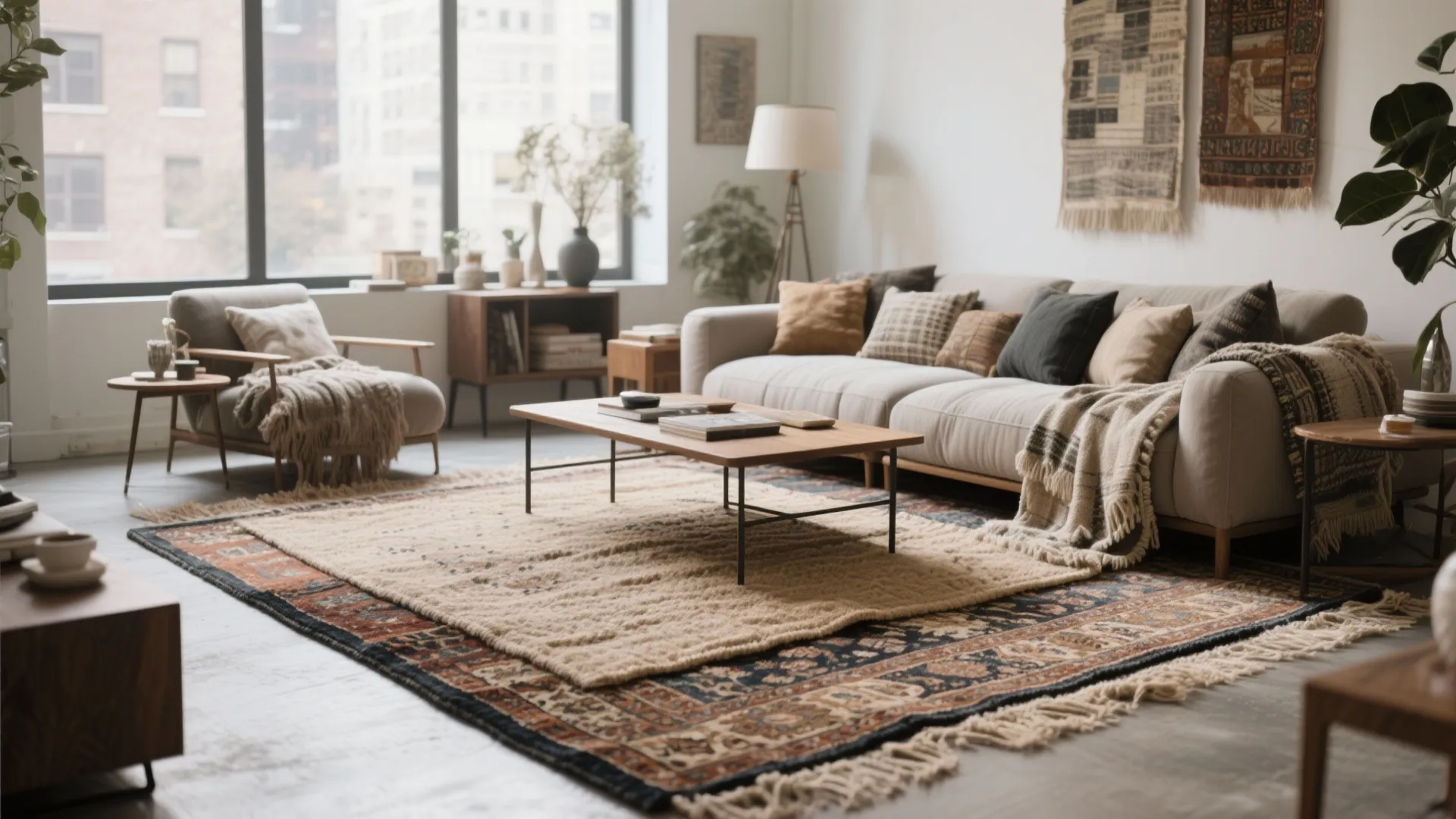 Modern living room featuring layered rugs wooden coffee table grey sofa and large bright windows