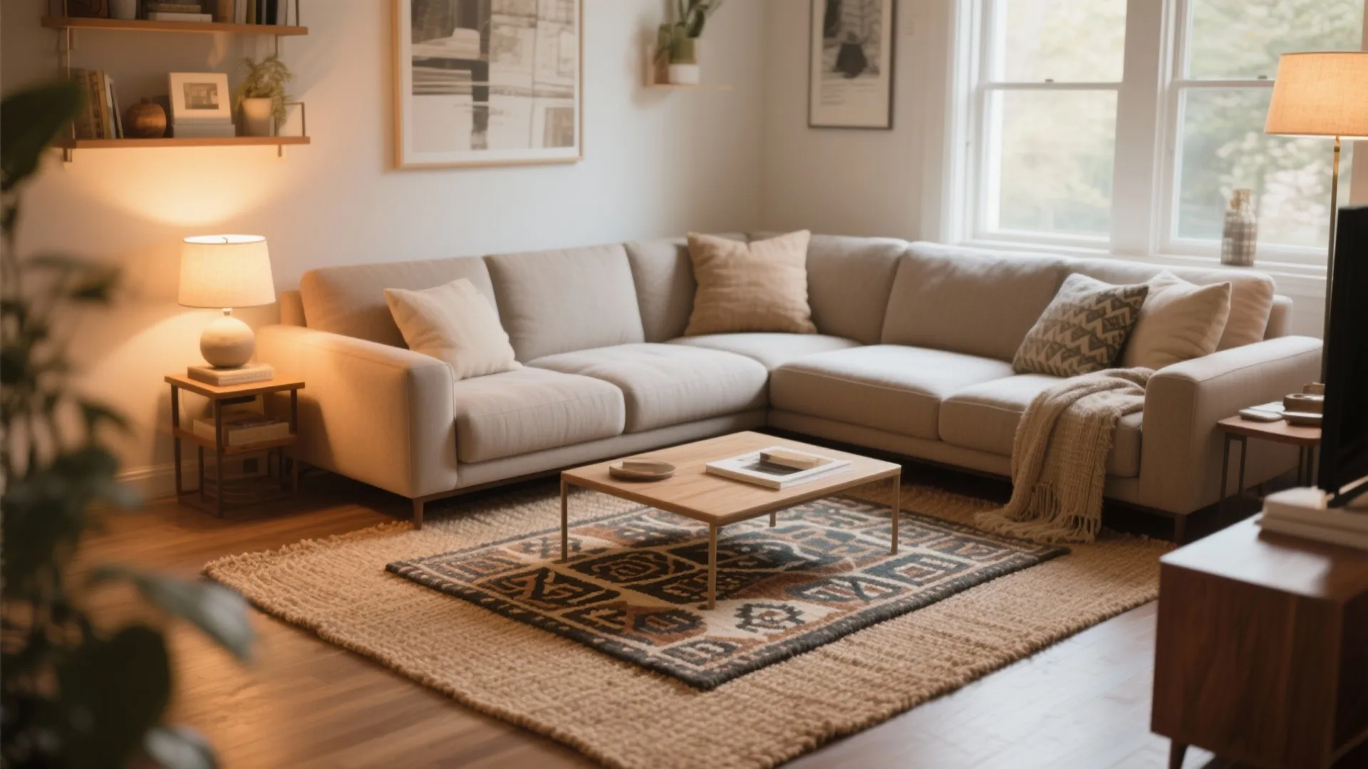 Cozy living room with layered rugs corner sofa warm table lamp and wooden coffee table