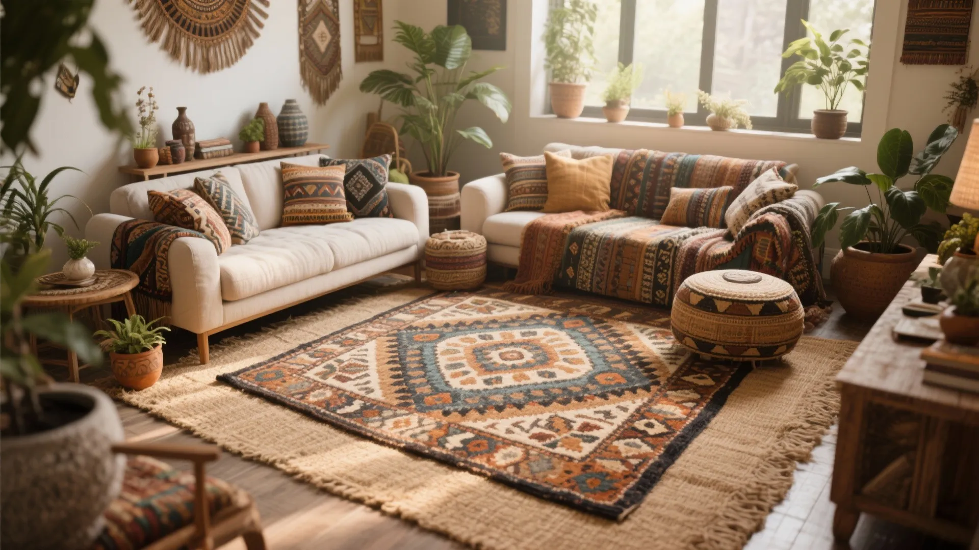 2. Layering Over a Larger Neutral Rug