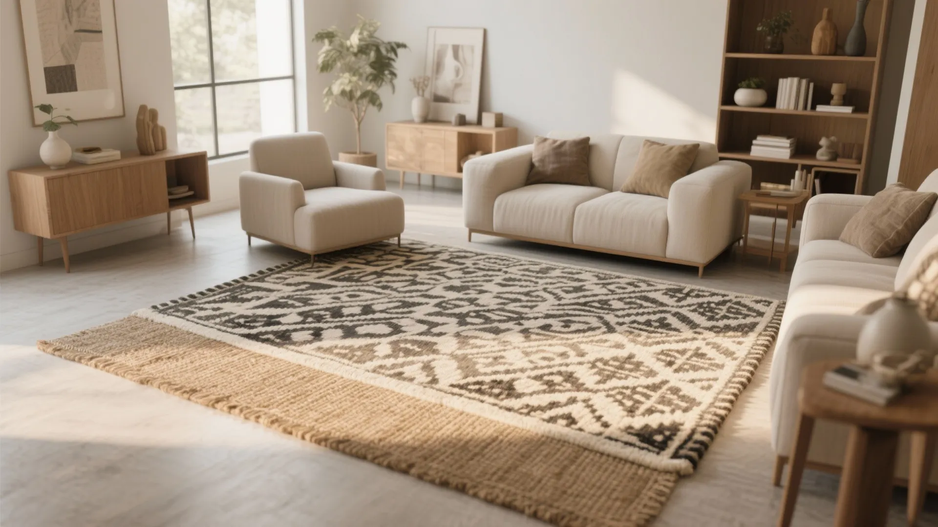 Patterned rug layered over large neutral jute rug