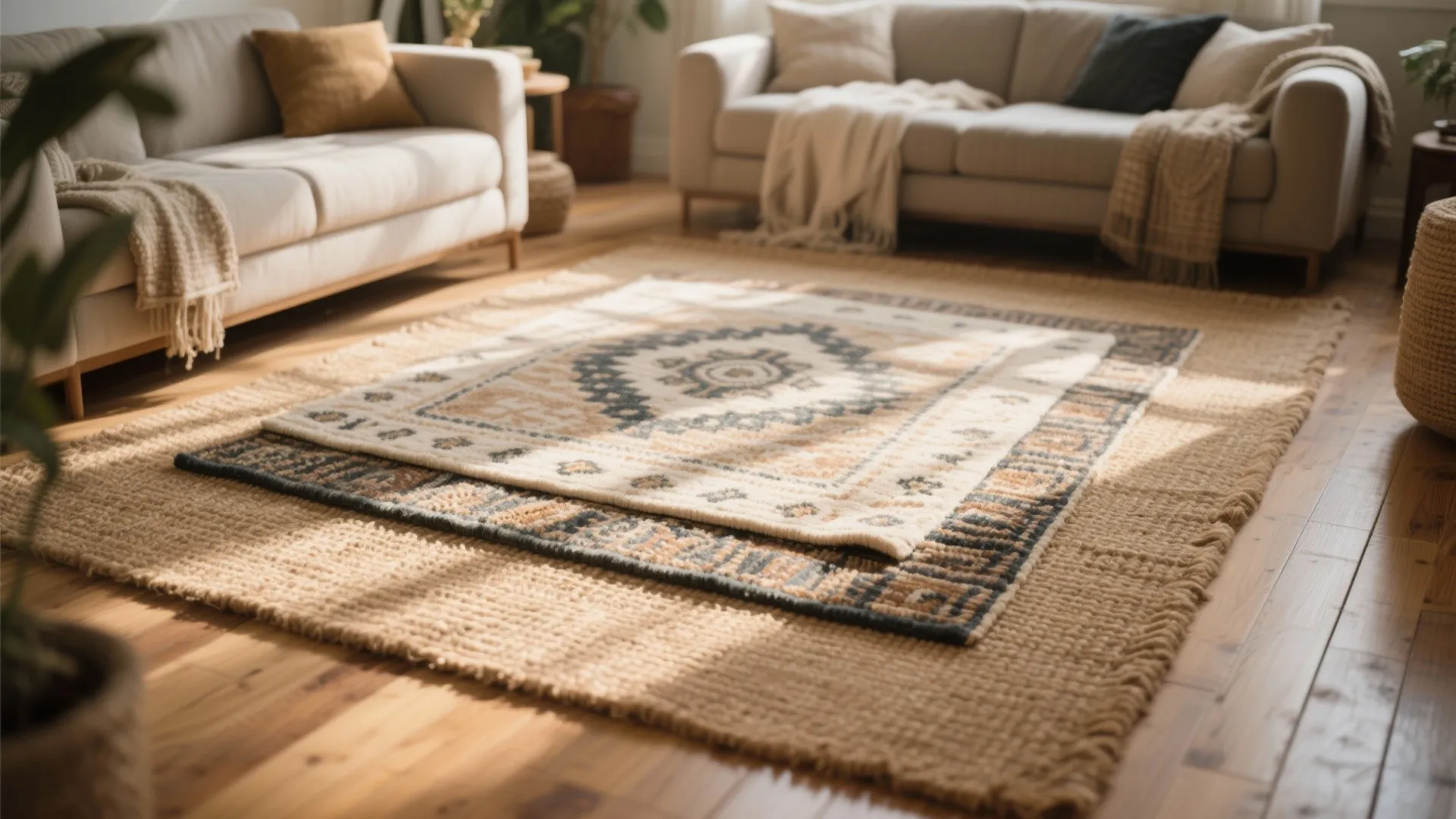 Close-up of layered rugs with jute base and patterned top in a cozy living room