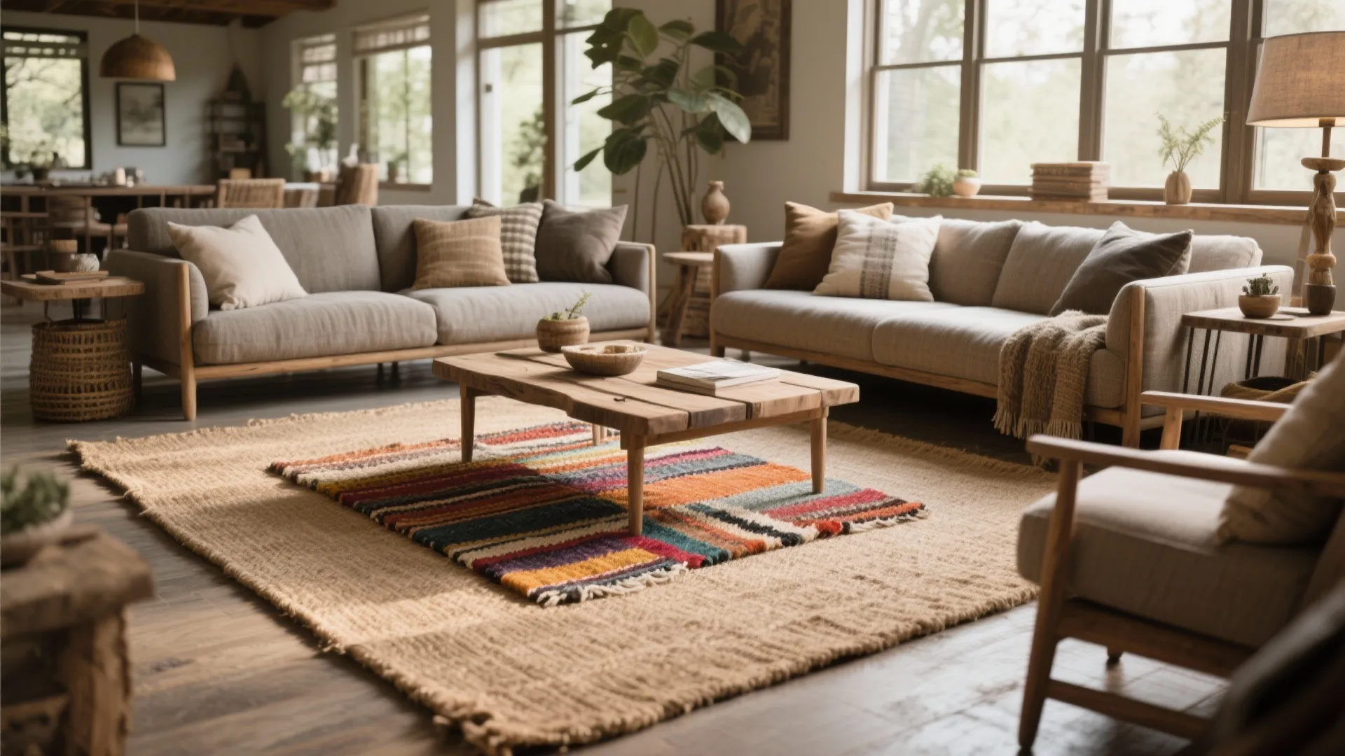 Living room with layered jute and wool rugs creating texture