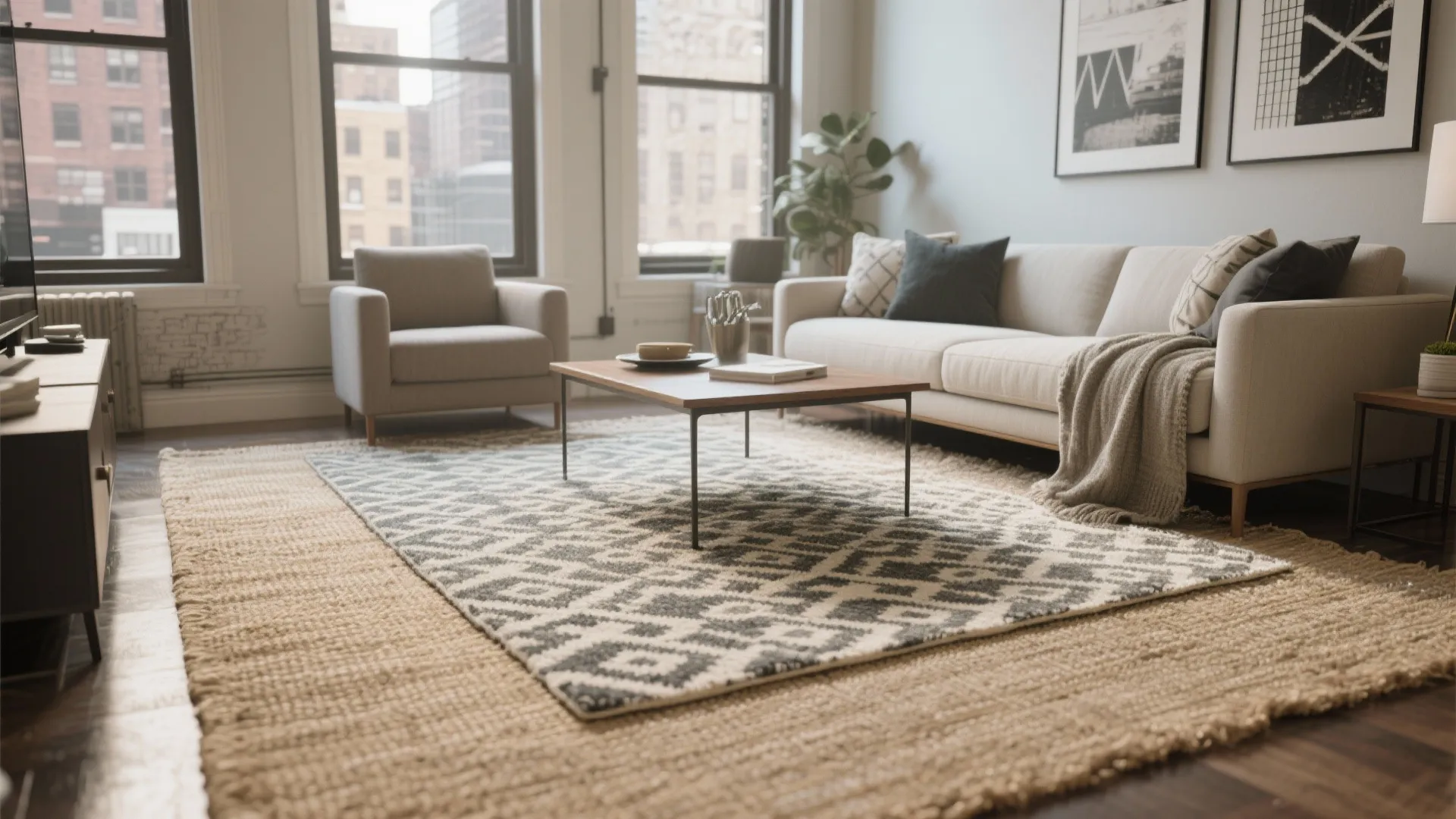 Modern living room with layered rugs featuring a patterned carpet over a large natural jute rug