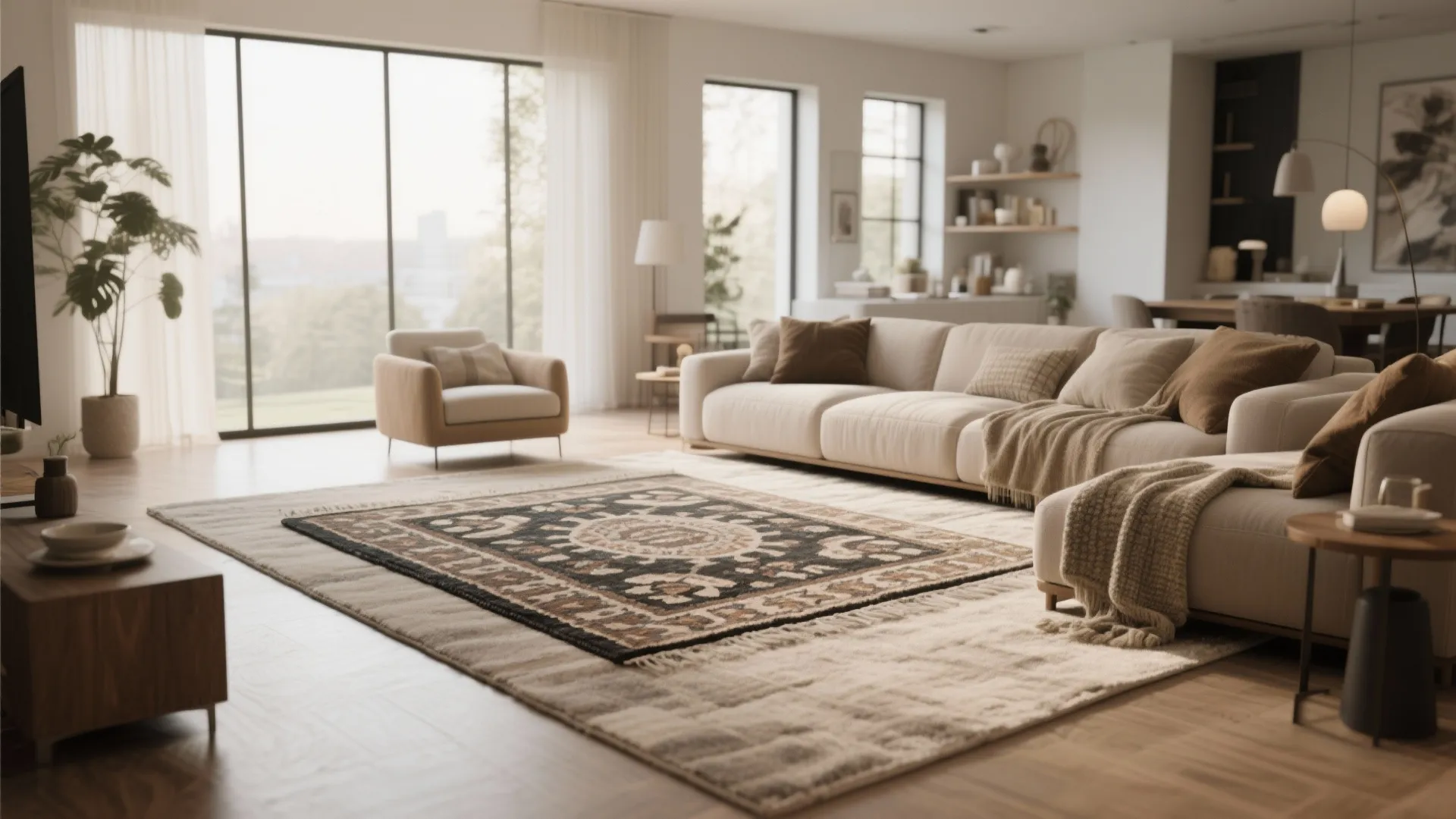 Modern bright living room with cream sofa layered rugs wooden floors and large glass windows