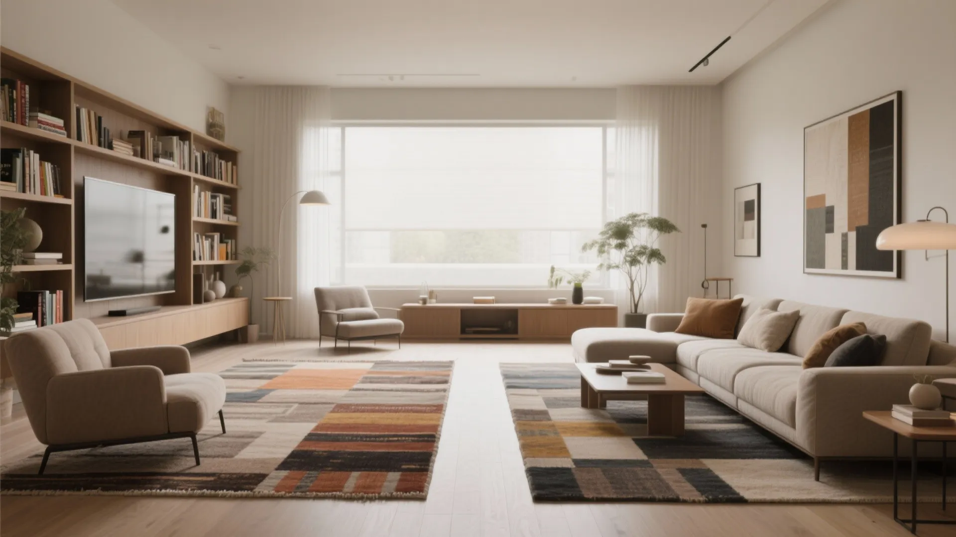 Rectangular living room with layered rugs defining TV and reading areas