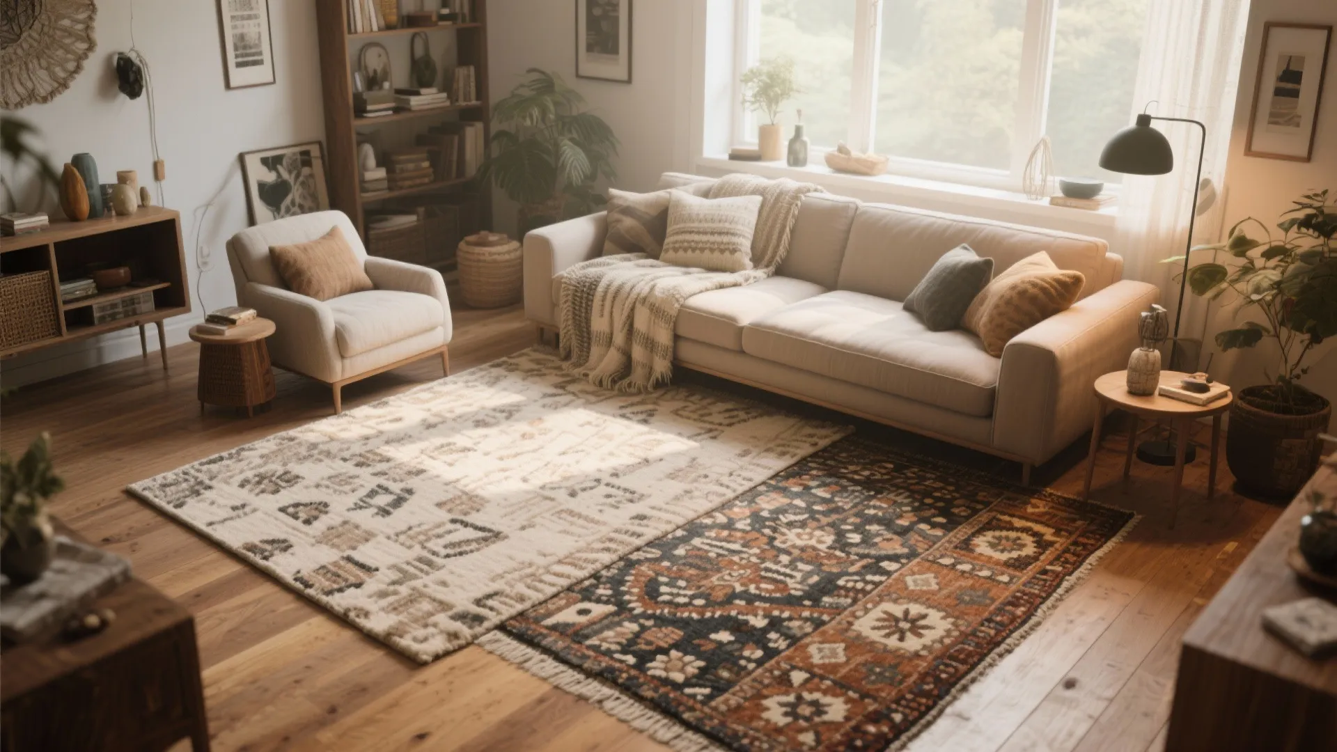 Living room with layered neutral and patterned rugs