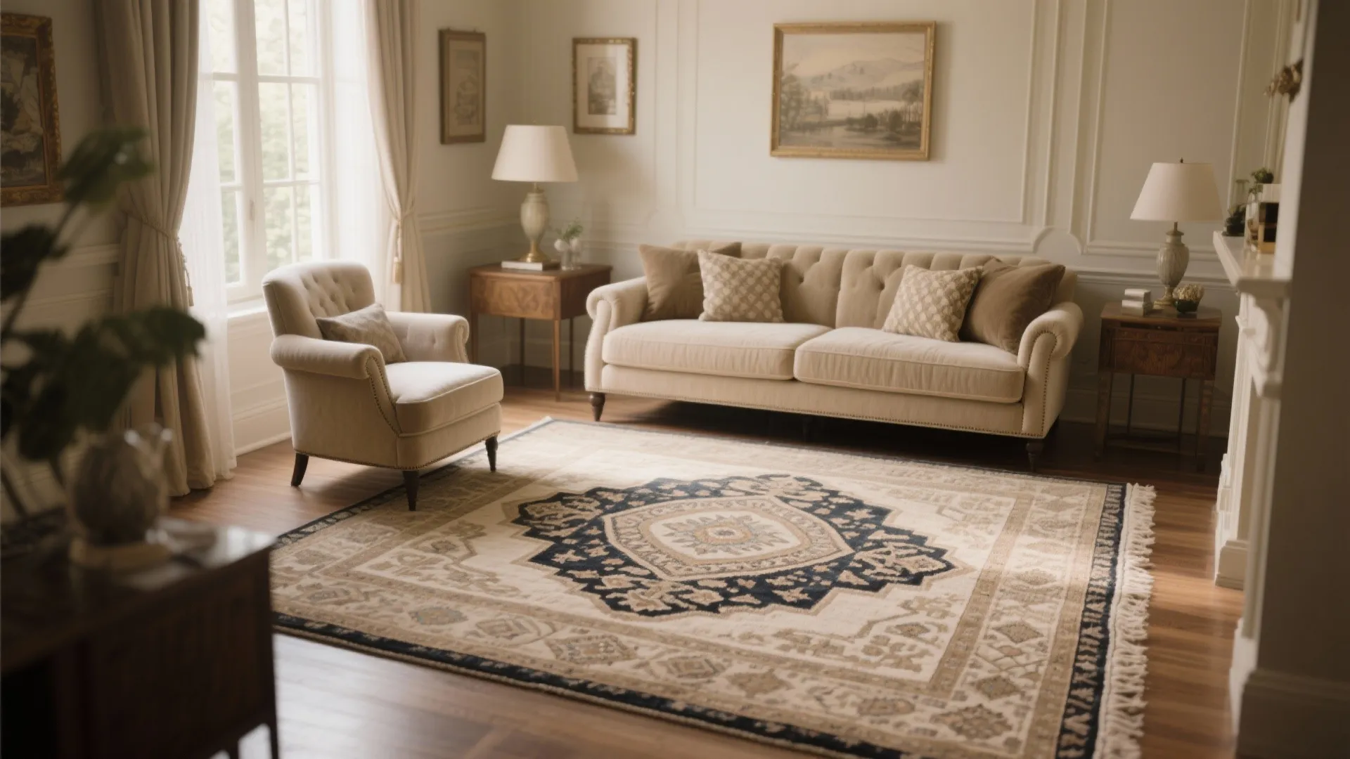 Classic living room with large patterned rug beige sofa armchair wooden floor and warm natural light