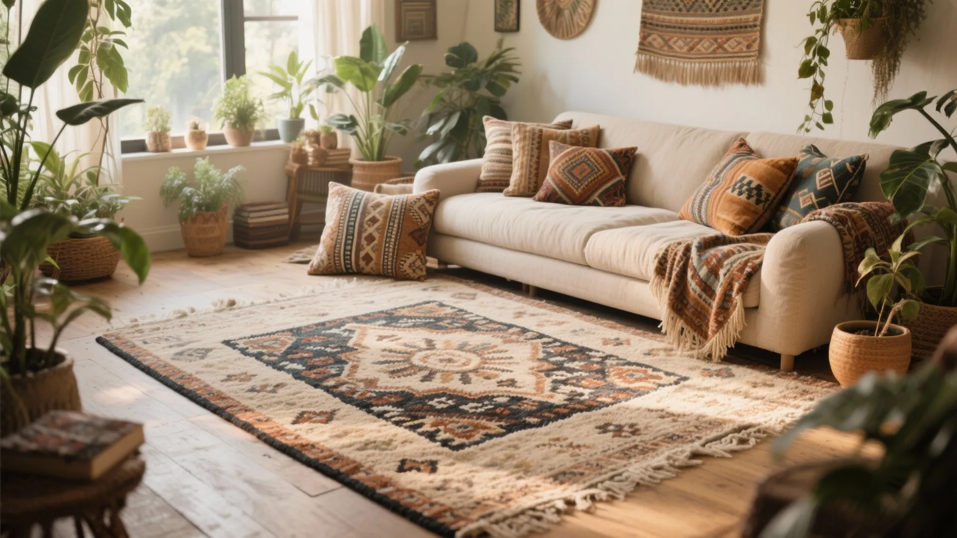 Bohemian living room with cream sofa patterned rug many green plants and bright natural light