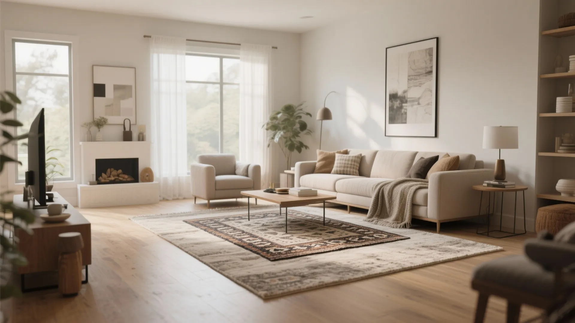 Cozy living room featuring patterned rug wooden floor white sofa armchair and fireplace with decor