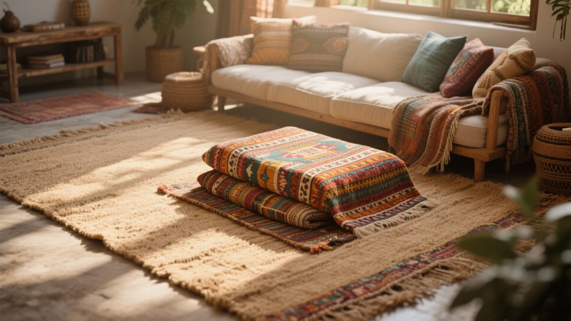 Bright living room showing a small patterned rug layered on a large tan jute rug