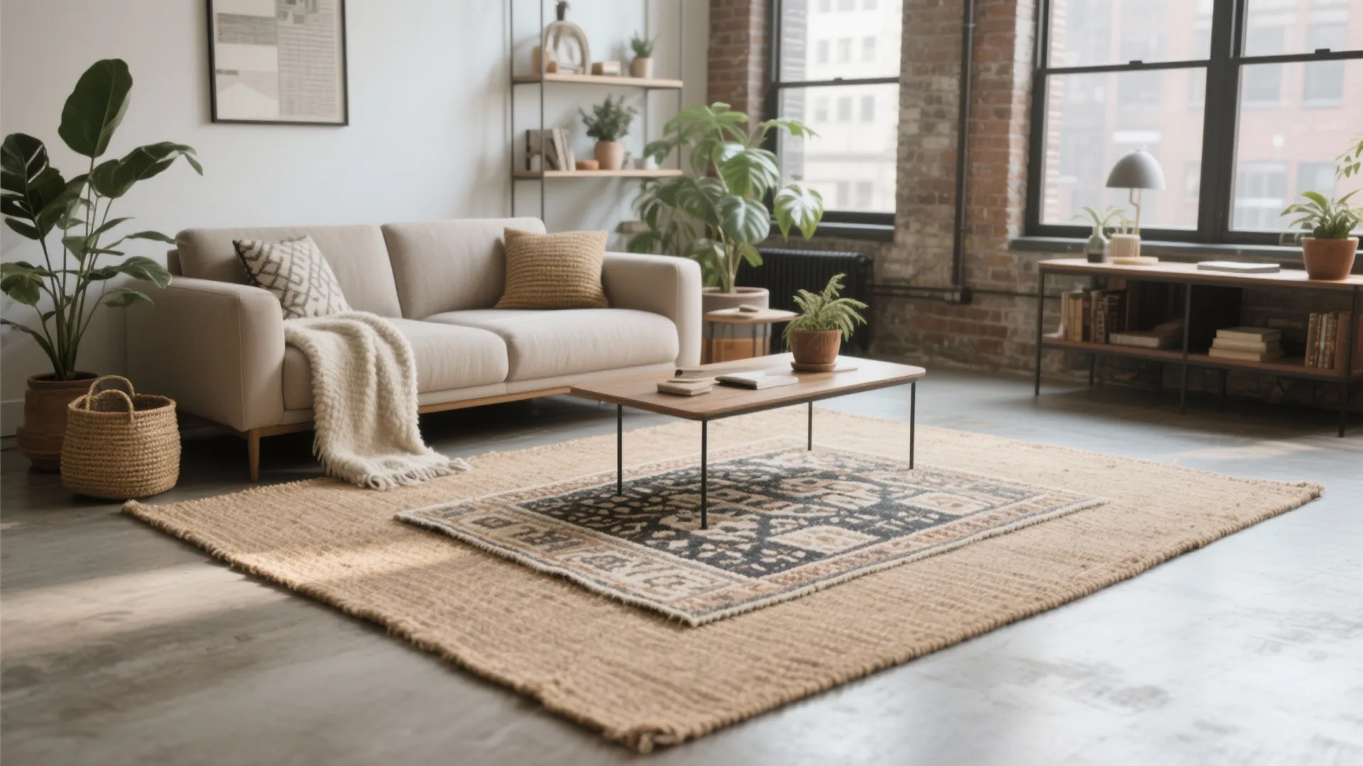 Industrial loft living room with beige sofa wood coffee table layered rugs and large brick windows