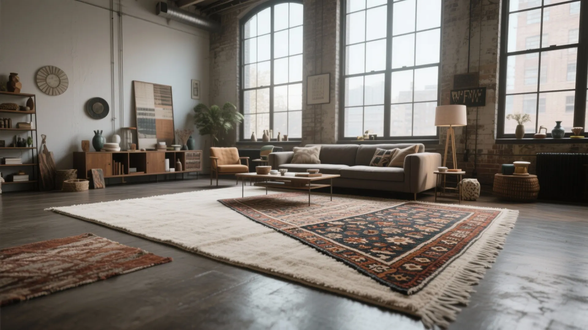 Industrial loft living room with brick walls large windows sofa layered rugs and wooden cabinet